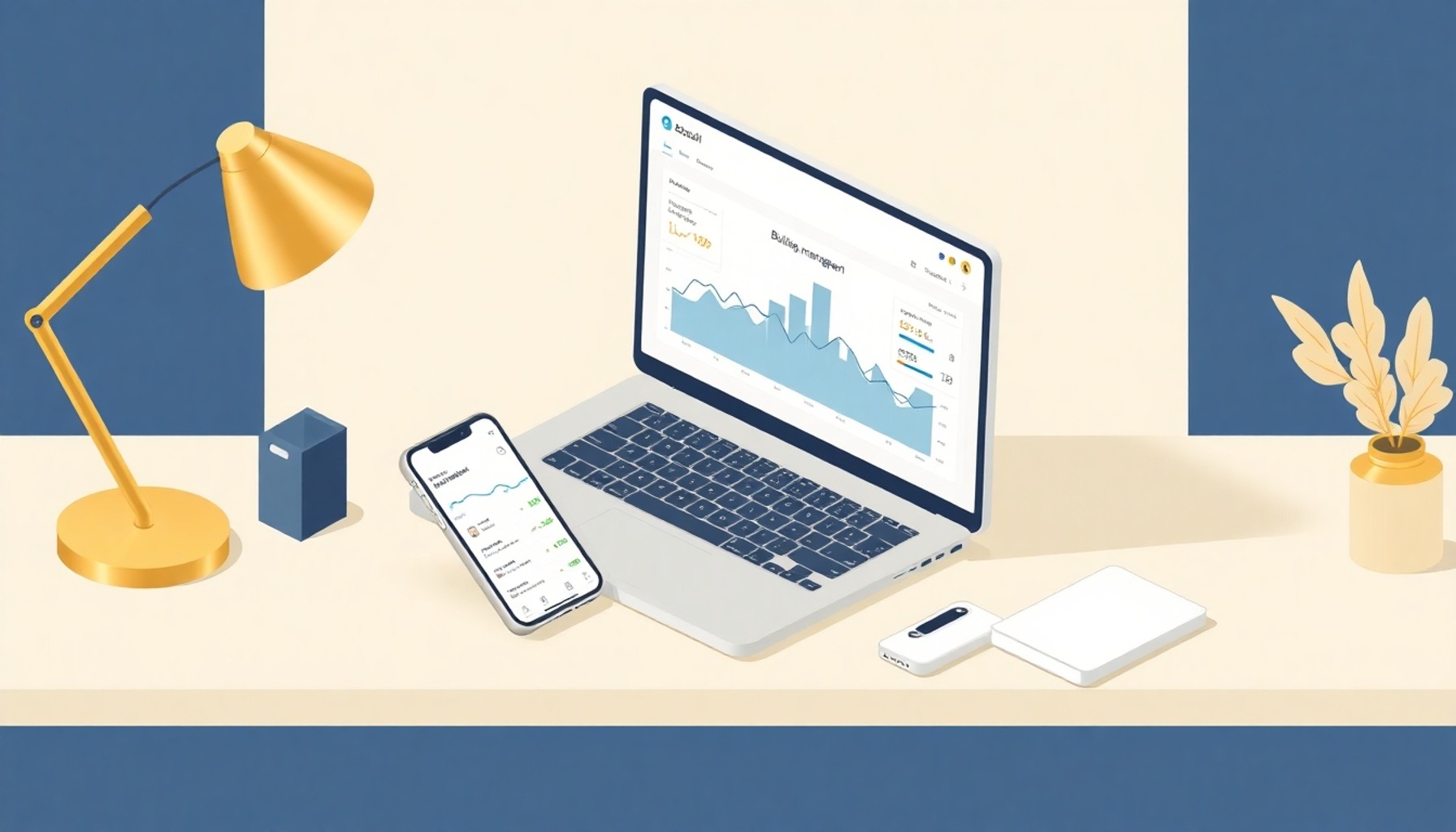Dijital site yönetimi platformu — laptop ve telefon dashboard ile editoryal illüstrasyon