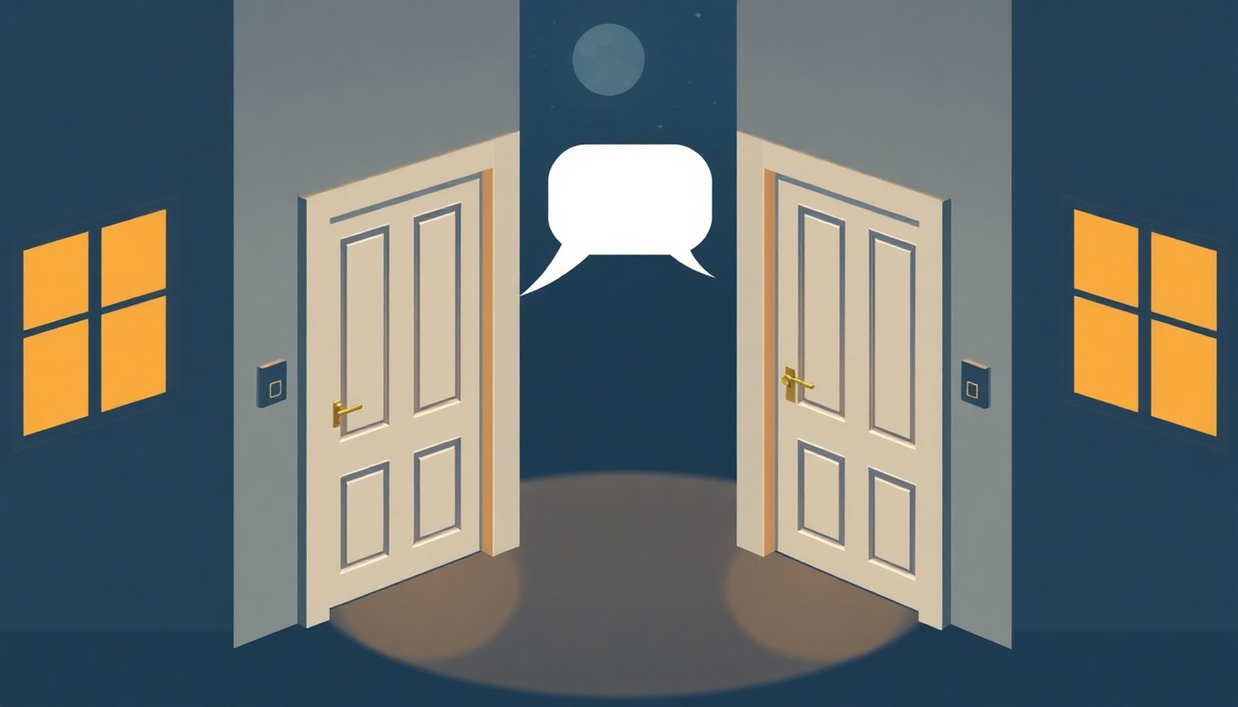 İki komşu kapısı arasında sakin bir diyalogu temsil eden izometrik illüstrasyon