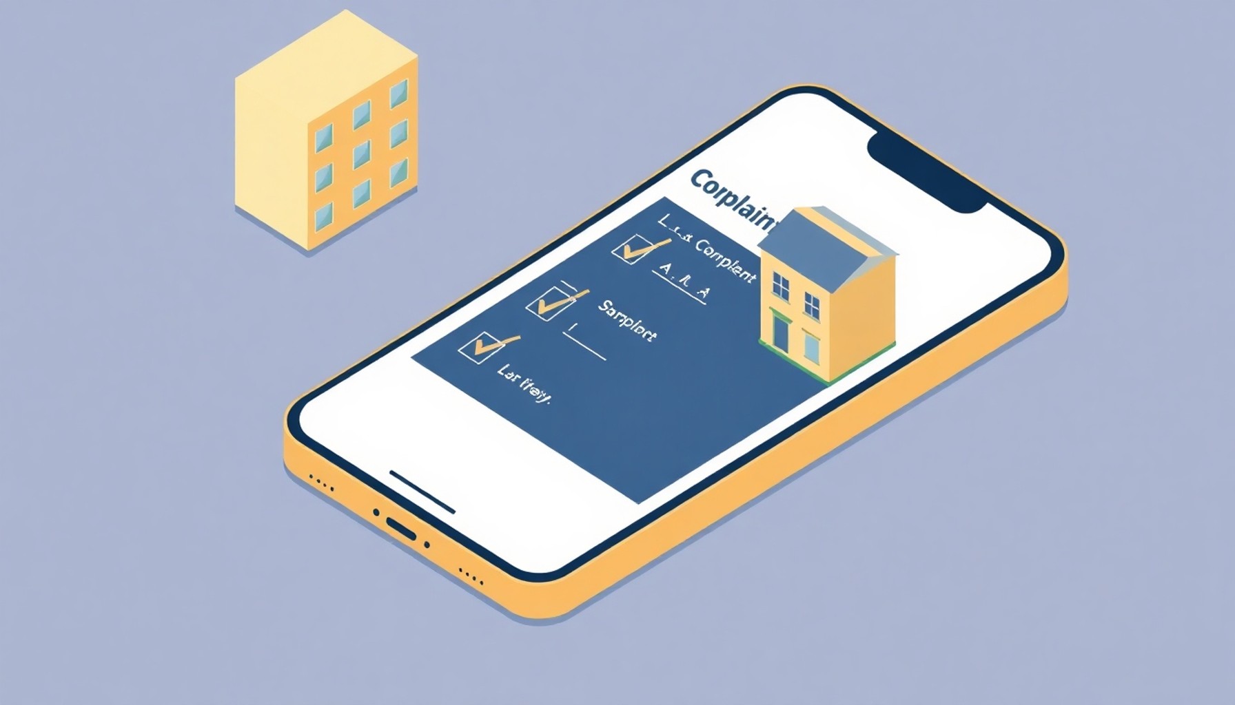 Dijital şikayet formu ve apartman binası içeren akıllı telefon ekranı isometrik illüstrasyon