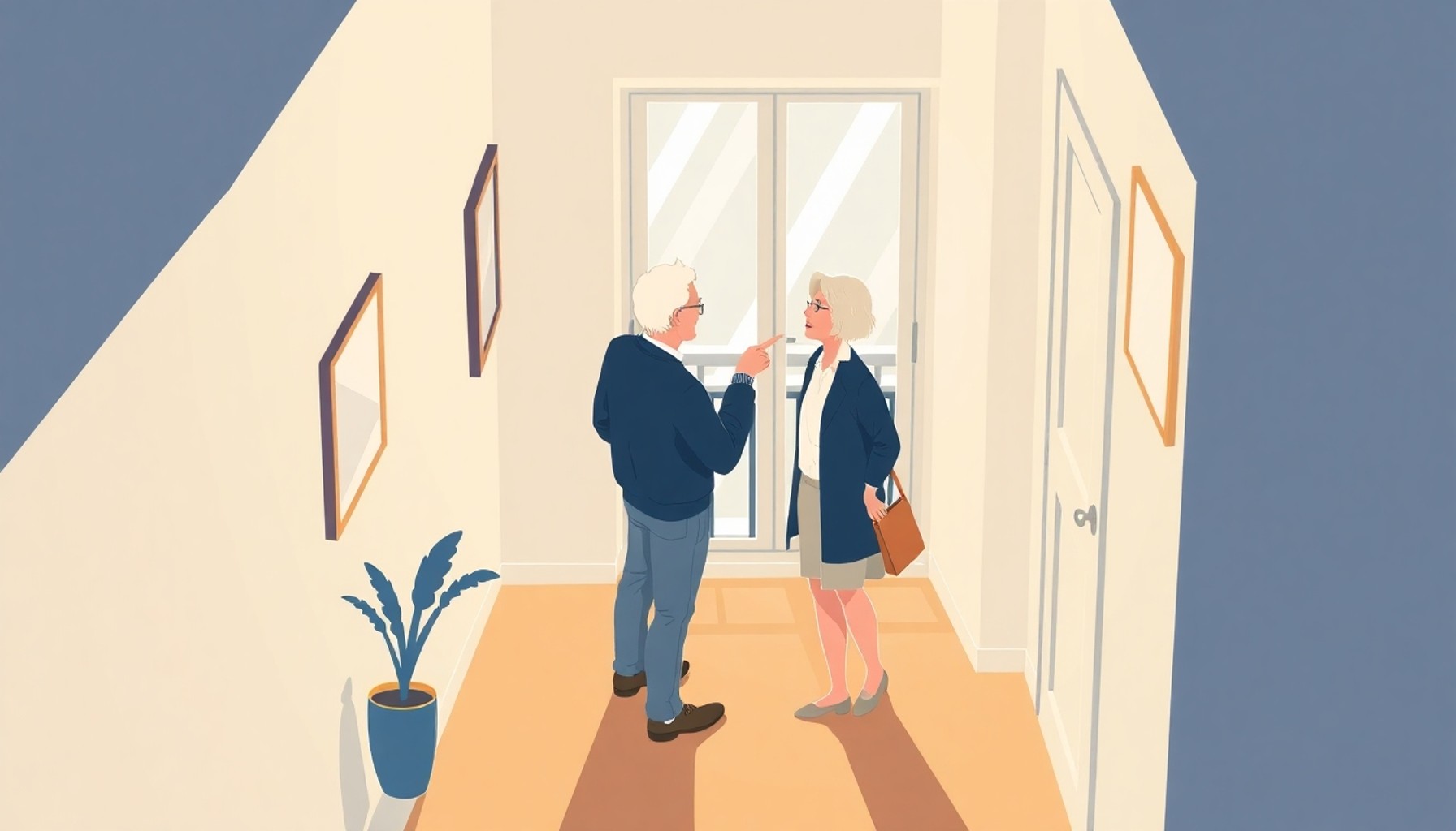 Apartman koridorunda sakin bir komşu görüşmesi — diyalog illüstrasyonu
