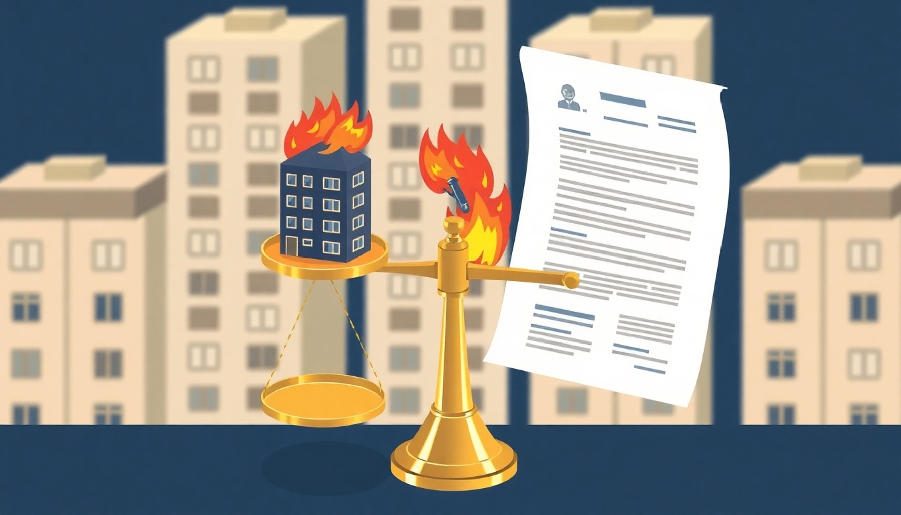 Apartman yangınında yasal sorumluluk dengesini gösteren hukuki sembol çizimi