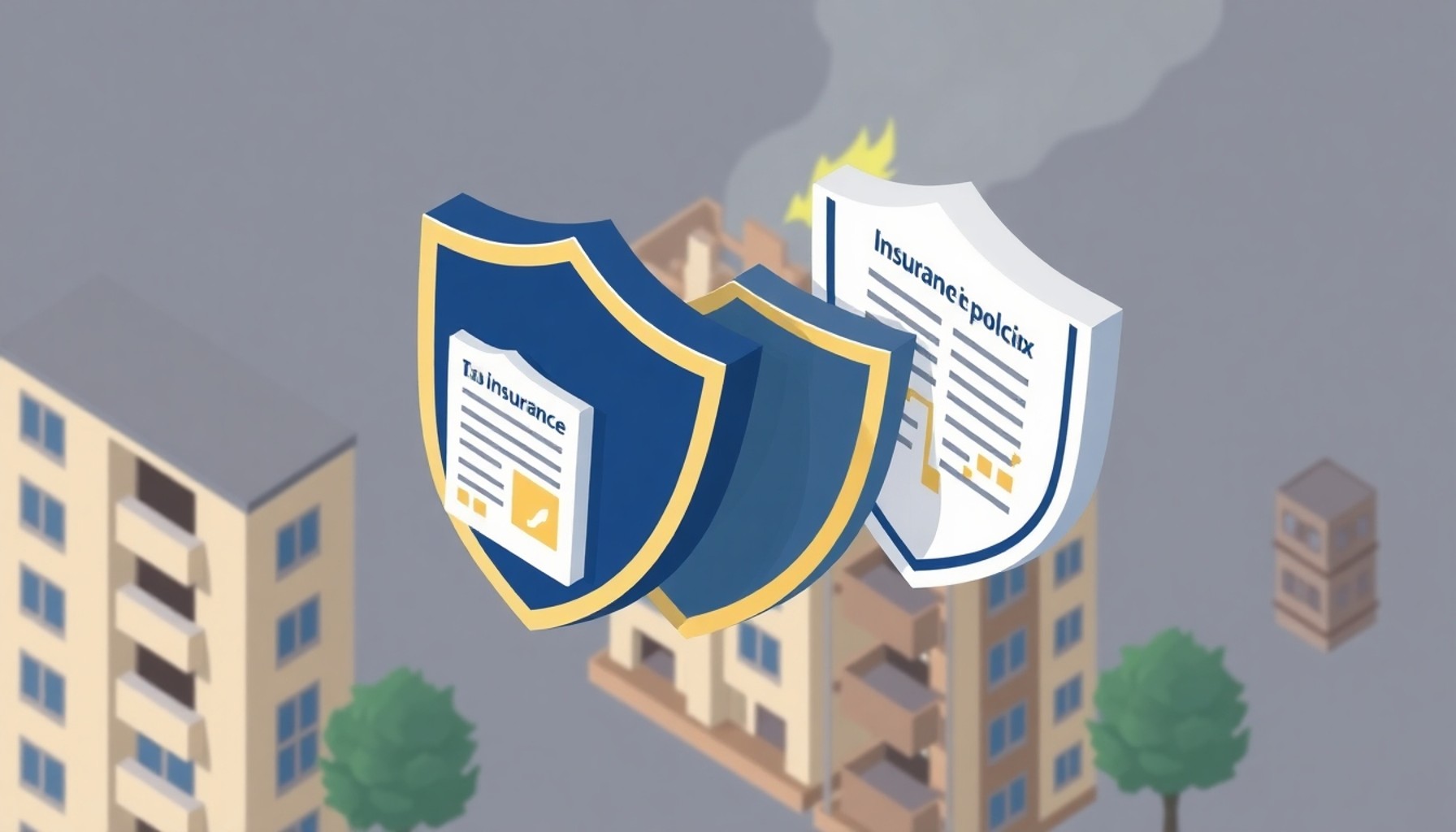 DASK ve konut sigortasının apartman yangınındaki kapsamını gösteren sigorta kalkanı çizimi
