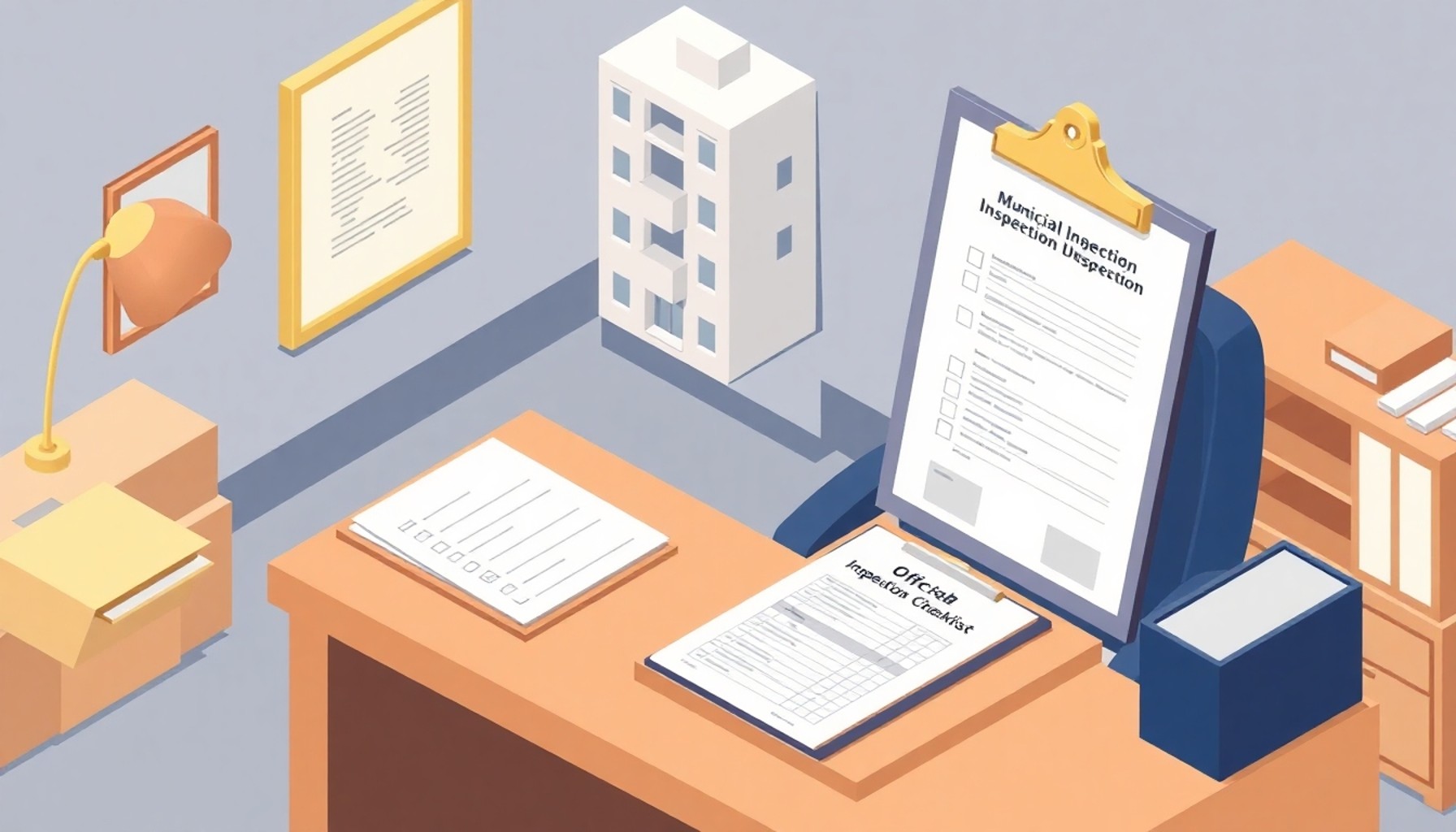 Belediye sağlık denetim ofisi ve apartman modeli illüstrasyonu