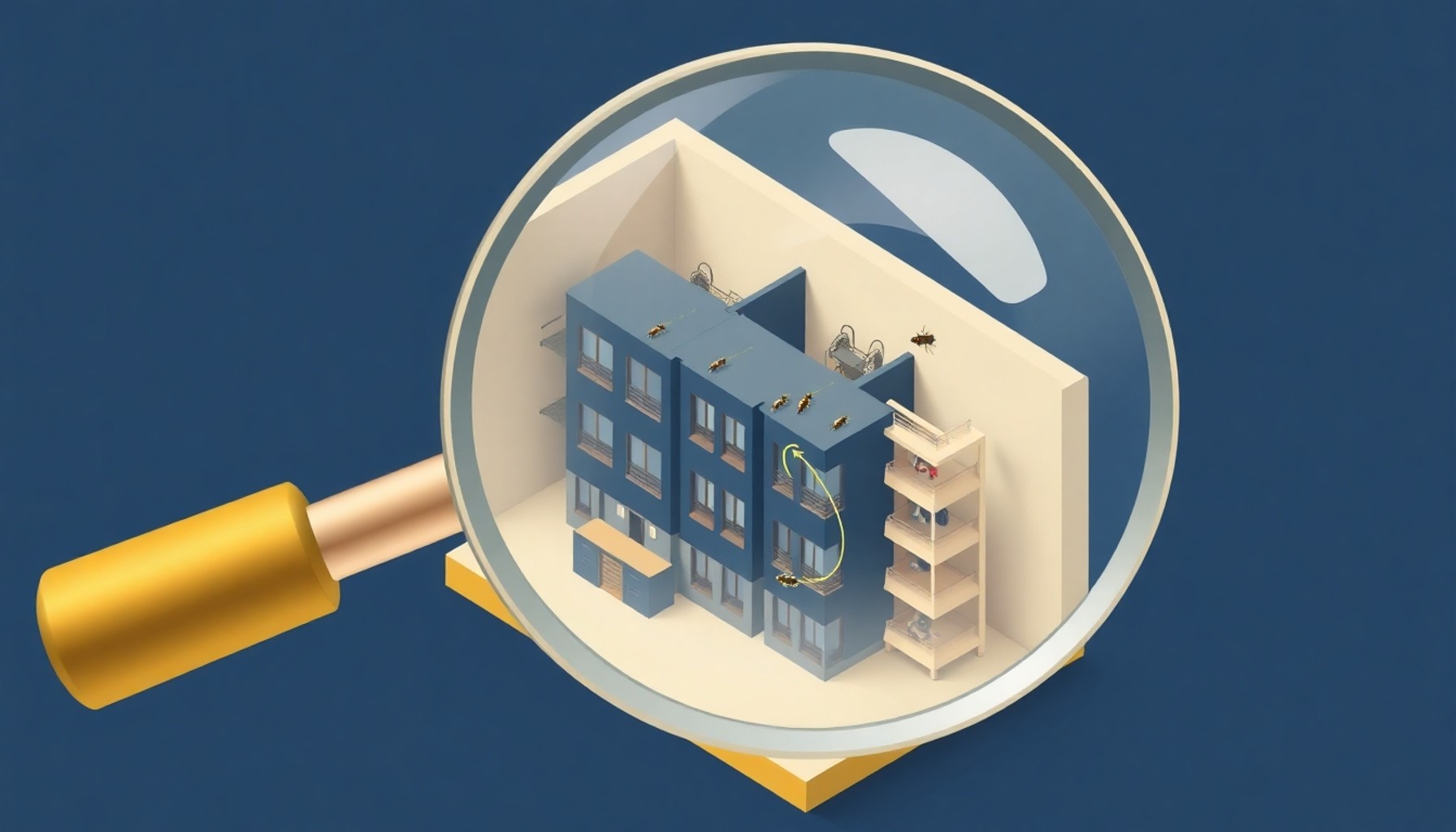Apartman duvarında böcek yayılma yollarını gösteren kesit illüstrasyon