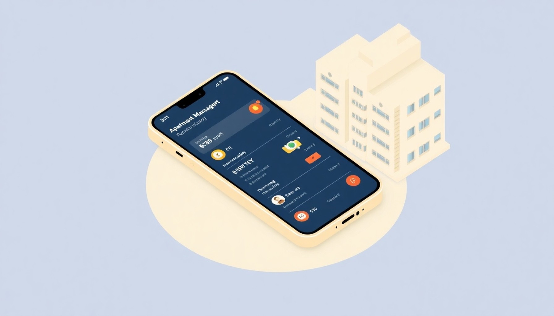 Akıllı telefon üzerinde aidat ve şikayet takip paneli ile bağlantılı apartman yönetim uygulaması illüstrasyonu