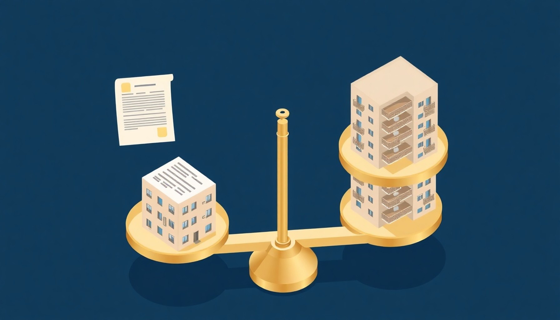 Apartman sakinlerinin hukuki korumalarını temsil eden terazi ve bina modeli illüstrasyonu