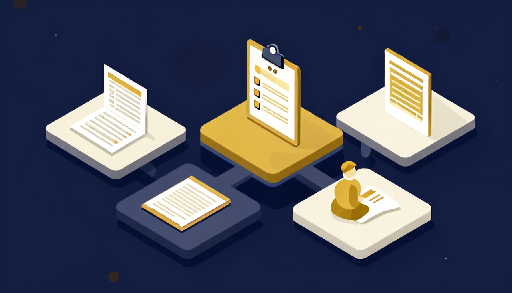 Başvuru aşamalarını gösteren basamaklı platform düzeni ve kontrol listesi