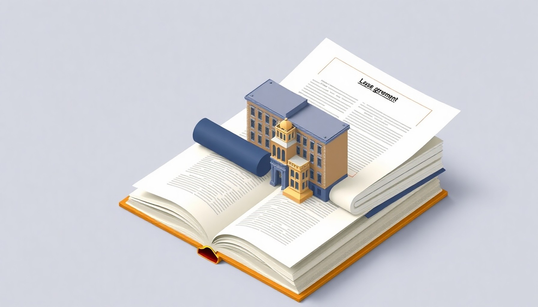 Ticari kira sözleşmesinin hukuki çerçevesini simgeleyen kitap ve belge illüstrasyonu