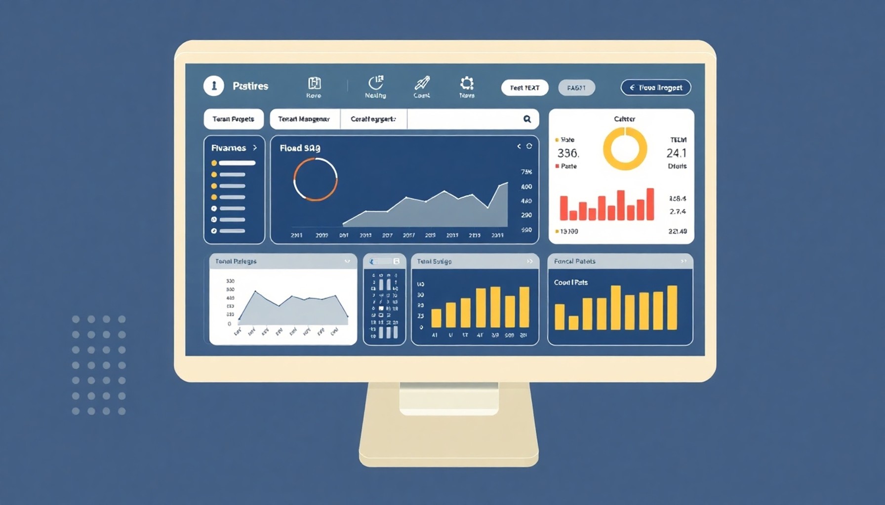 Dijital AVM ve bina yönetim platformunu temsil eden dashboard ve kiracı paneli illüstrasyonu