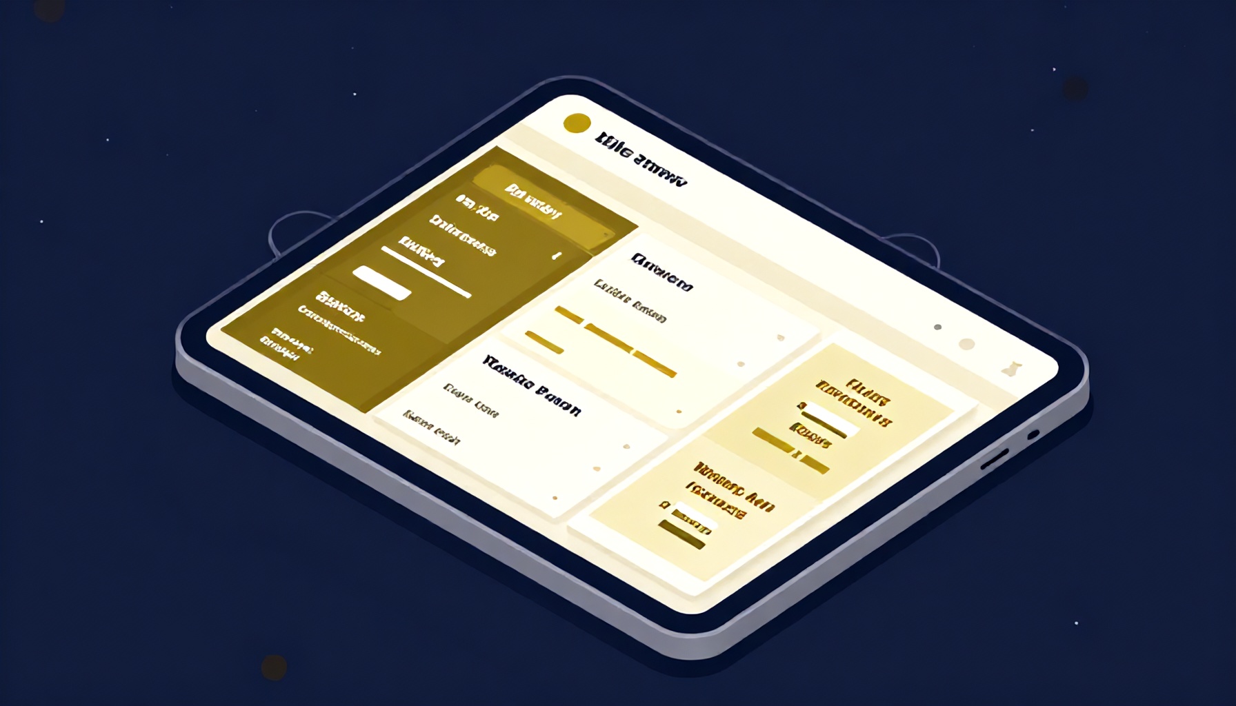 Tablet üzerinde dijital site yönetim platformu arayüzünü gösteren izometrik illüstrasyon