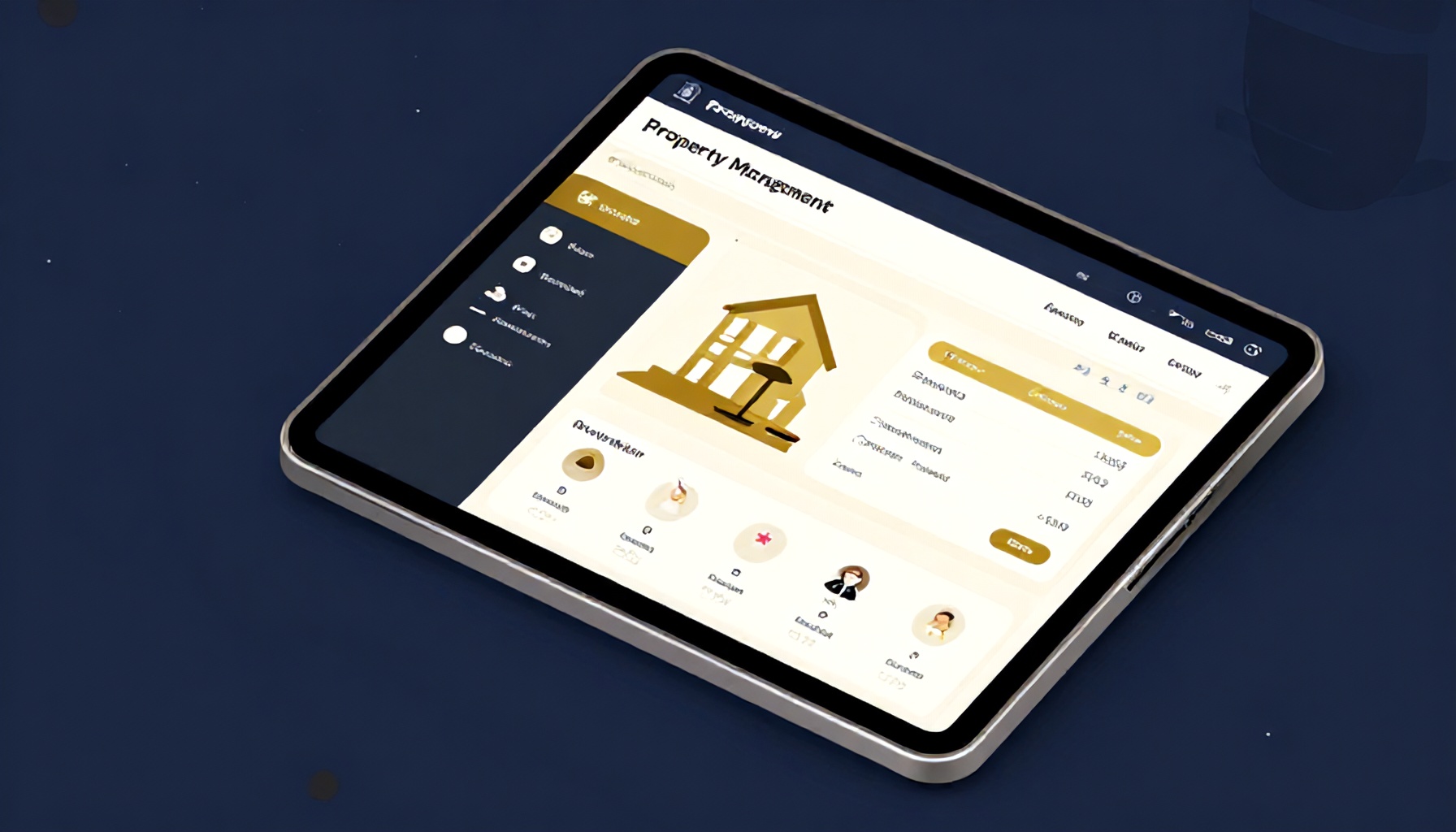 Tablet ekranında bina yönetim paneli ve kiracı takip arayüzü