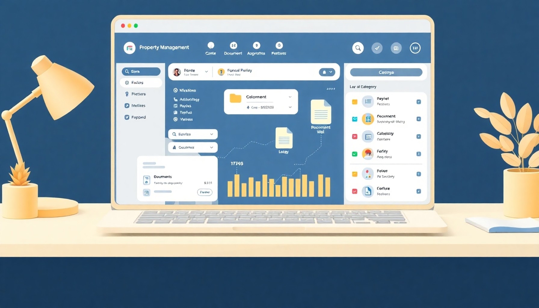 Bina yönetim yazılımı dashboard ekranı ve düzenli belge klasörleri isometrik illüstrasyonu