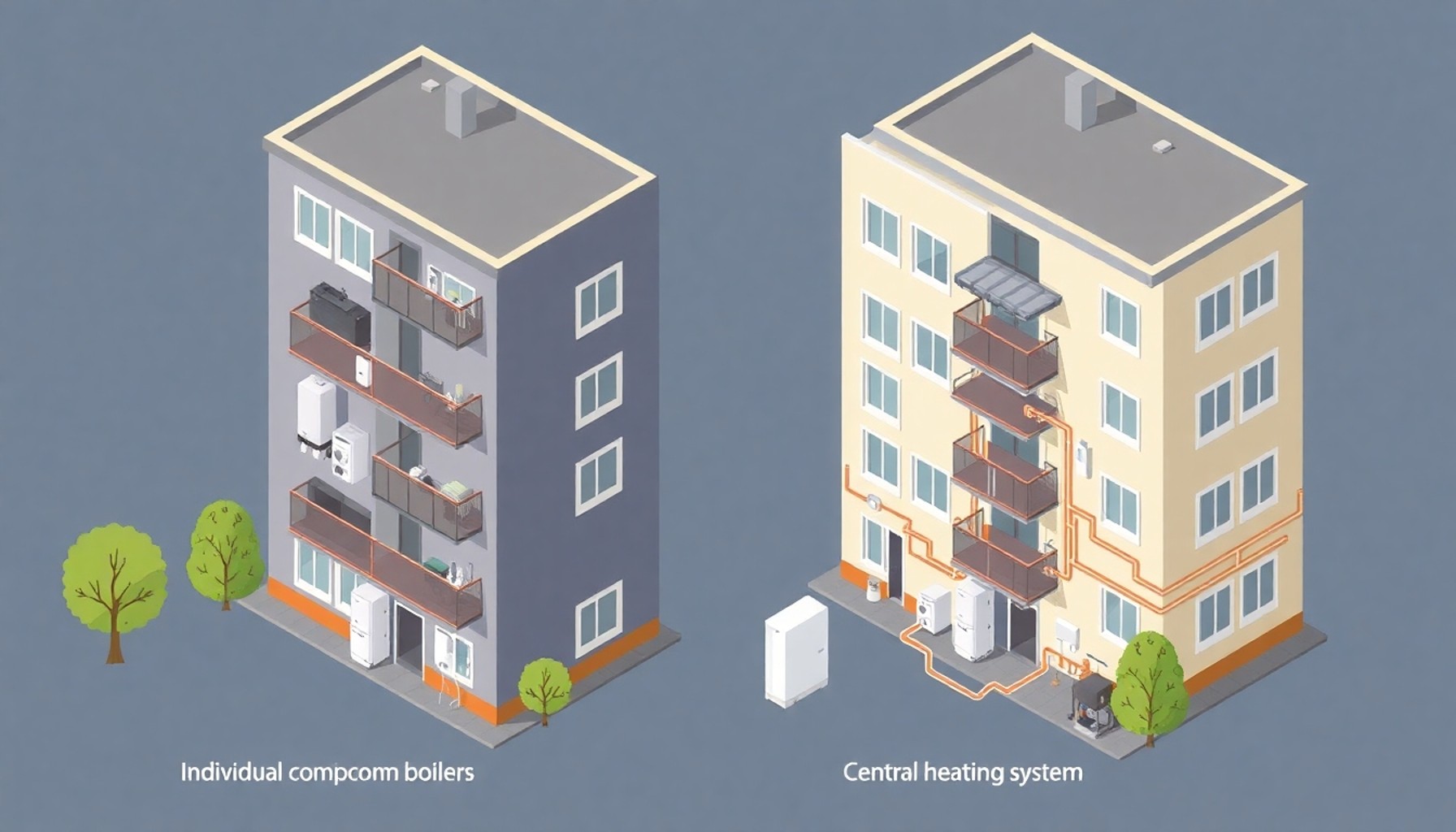 Merkezi ısıtma ve bireysel kombi sistemleri karşılaştırması apartman kesiti
