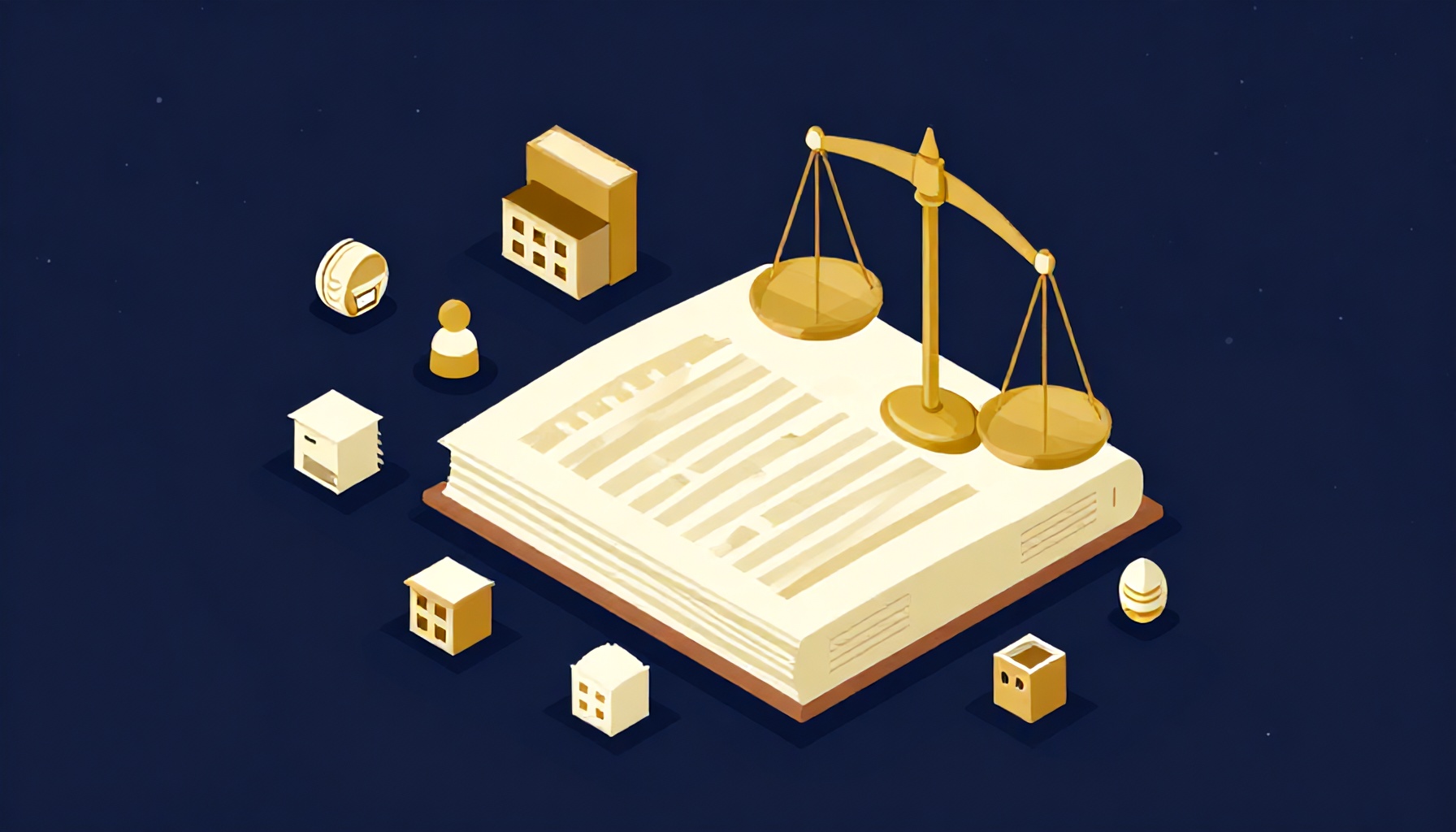 Hukuk kitabı ve bina ikonları, ofis kiracısı hakları temsili