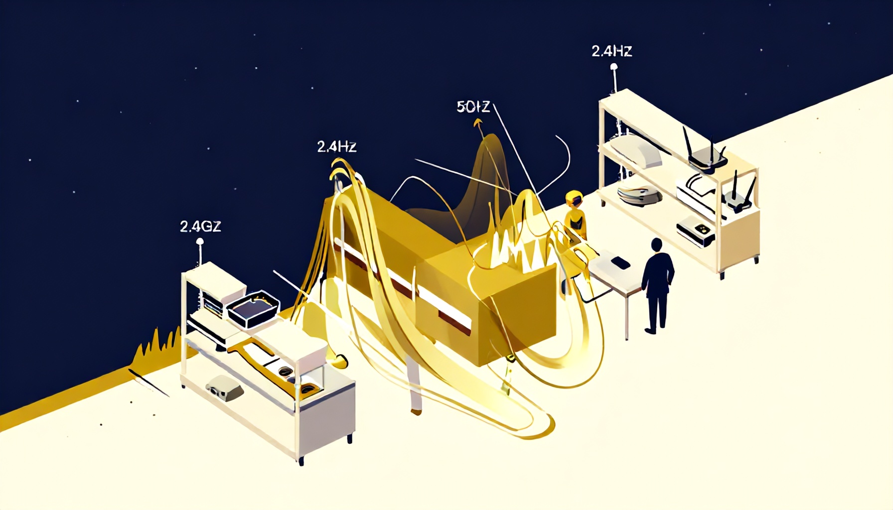 2.4GHz ve 5GHz kanal çakışmasını gösteren teknik illüstrasyon