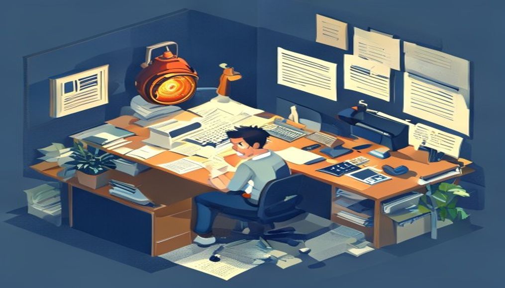 Dağınık ofis masası ve yangın alarmı ile hatalı uygulamaları gösteren sahne