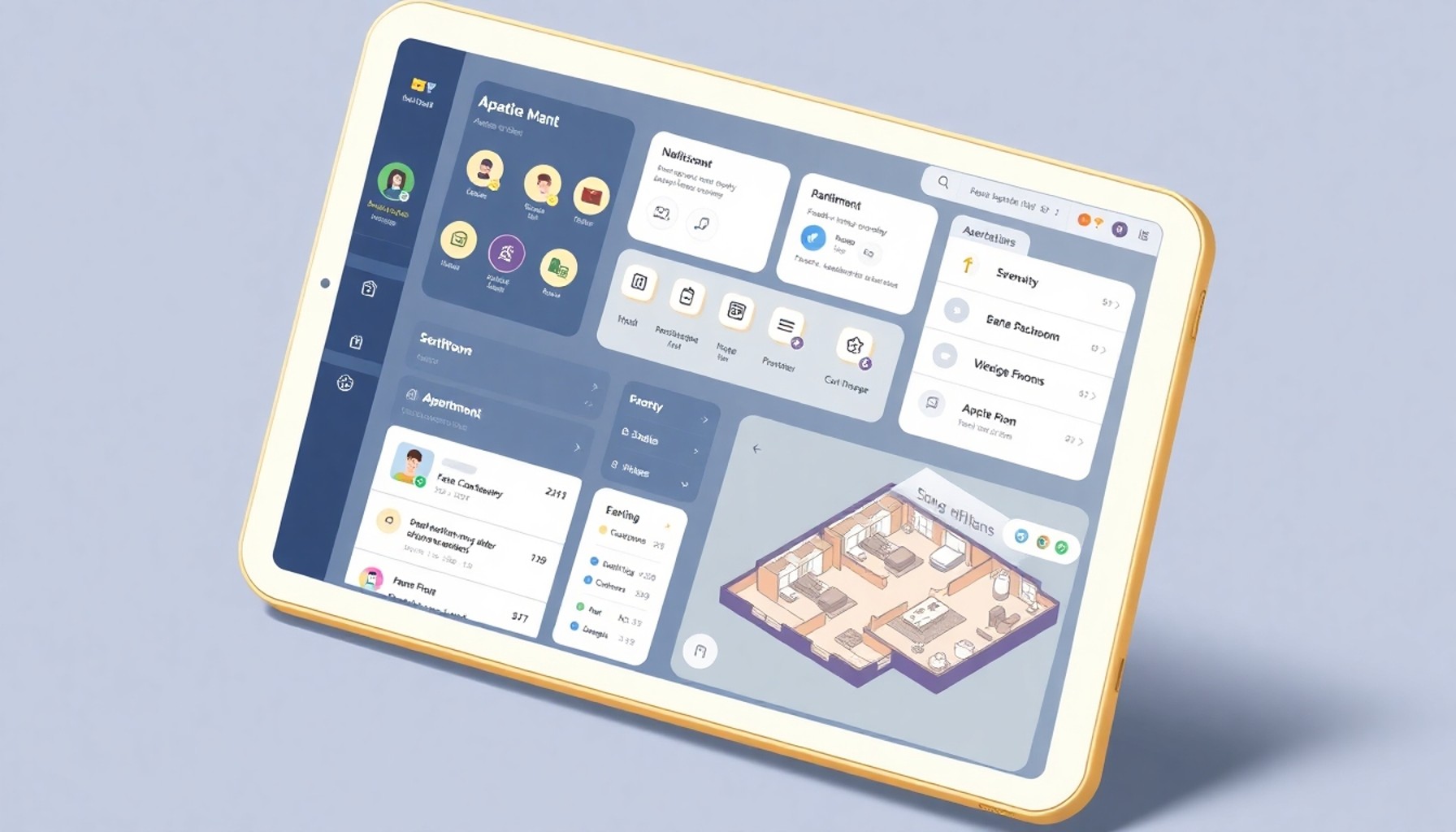 Apartman yönetim uygulamasında şikayet ve bildirim panelini gösteren tablet ekranı illüstrasyonu