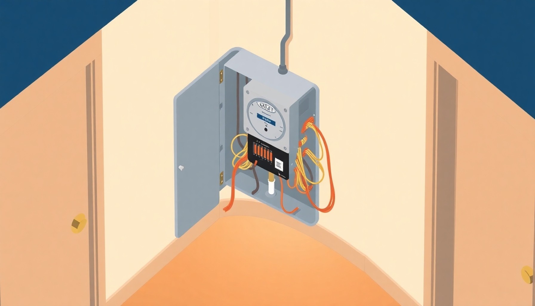 Apartman koridorunda ortak elektrik sayacından yapılan yetkisiz bağlantı illüstrasyonu
