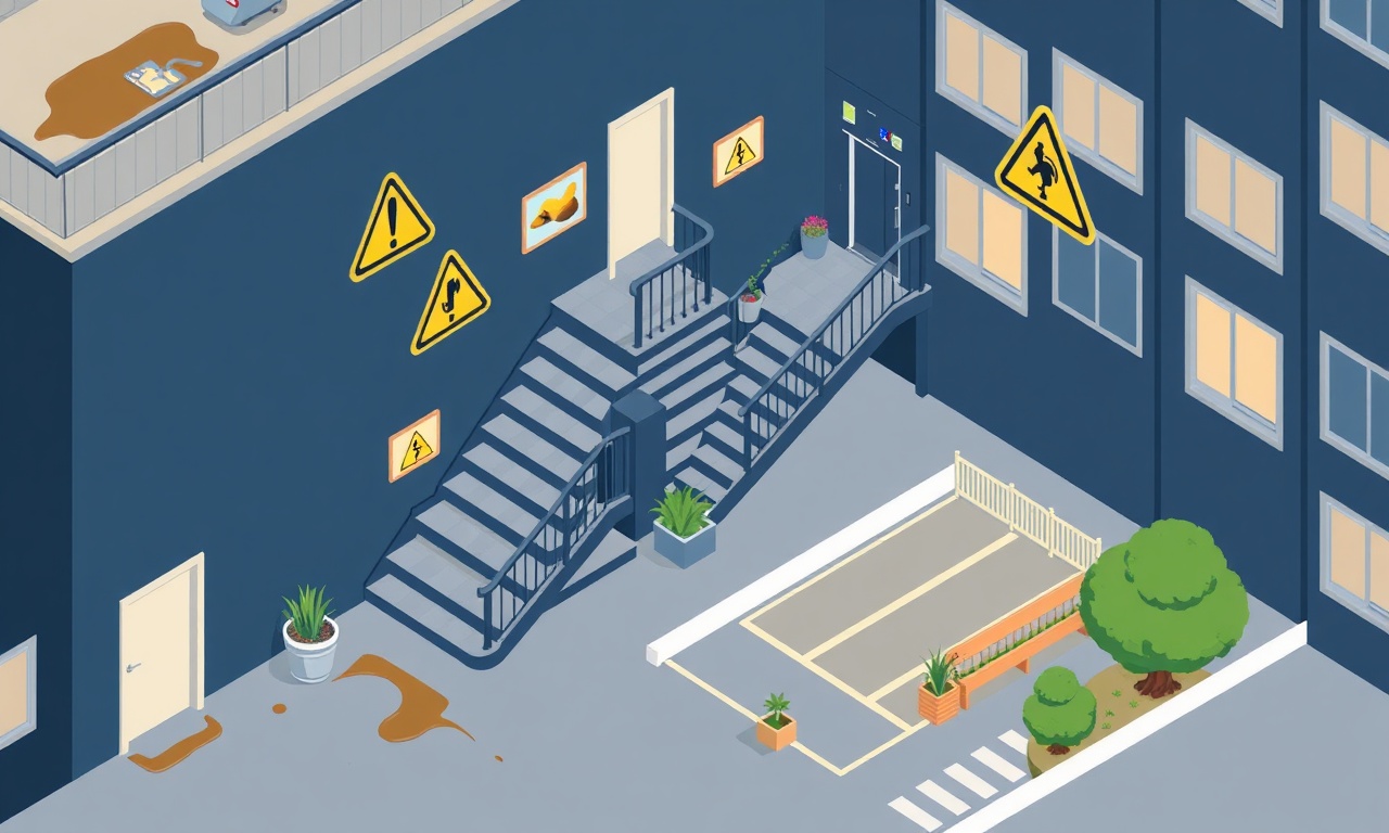 Apartman ortak alanları ve kaza risk noktaları illüstrasyonu