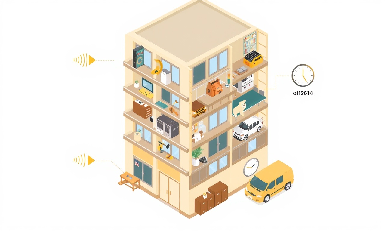 Farklı gürültü türlerini ve kaynaklarını gösteren izometrik apartman illüstrasyonu