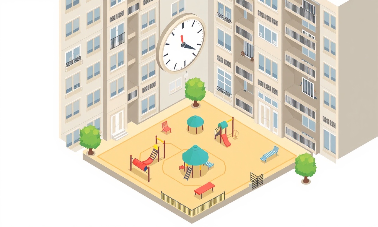 Apartman oyun alanında çocuk sesi ve saat sınırı dengesini gösteren izometrik illüstrasyon