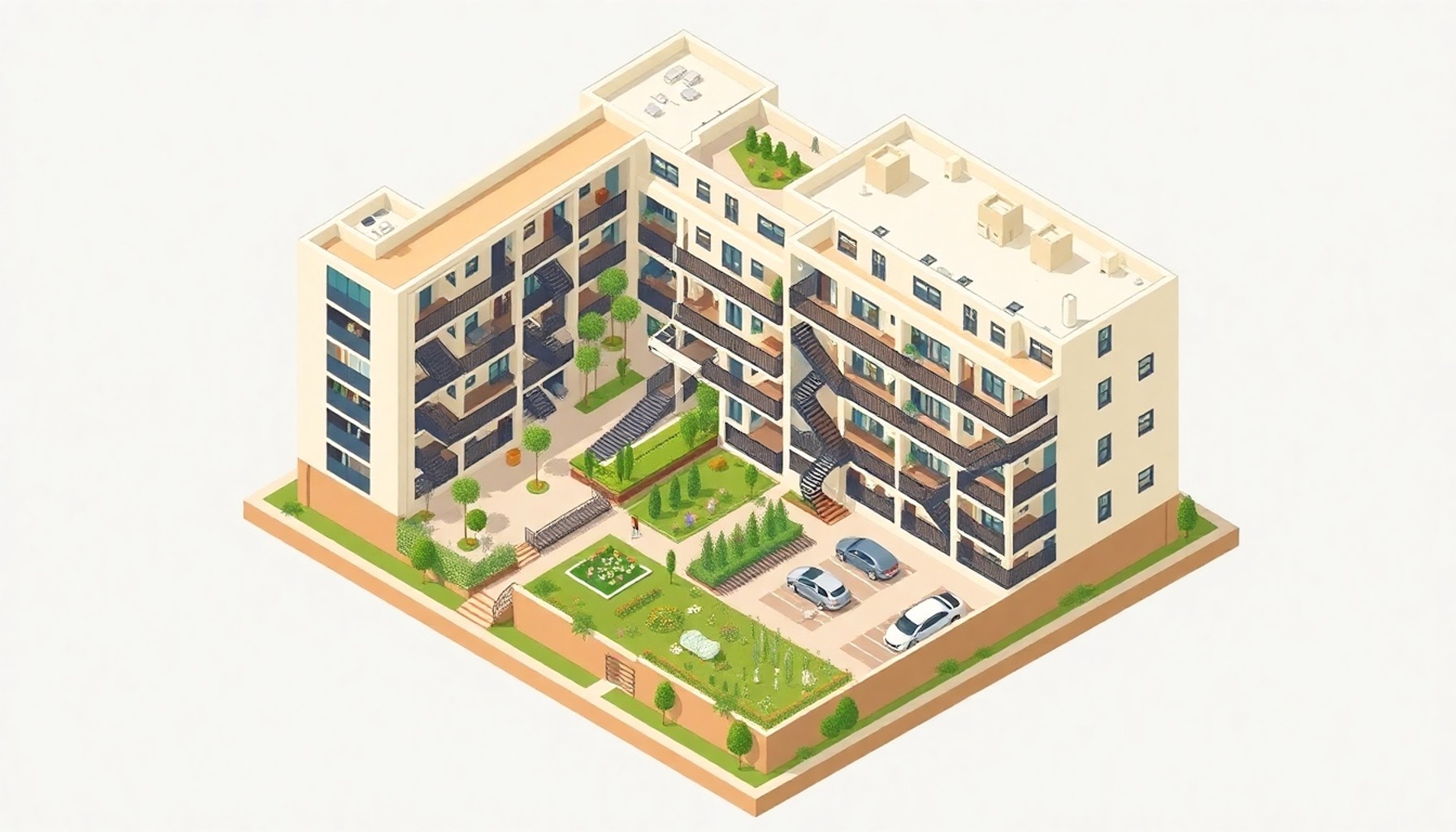 Apartman ortak alanları: koridor, merdiven, bahçe, çatı ve otopark kesit görünümü
