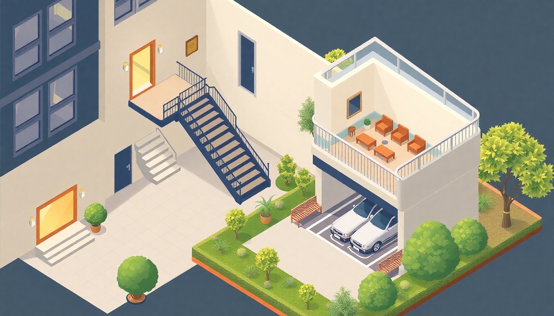 Apartman ortak alanları: giriş, merdiven, teras, otopark ve bahçe
