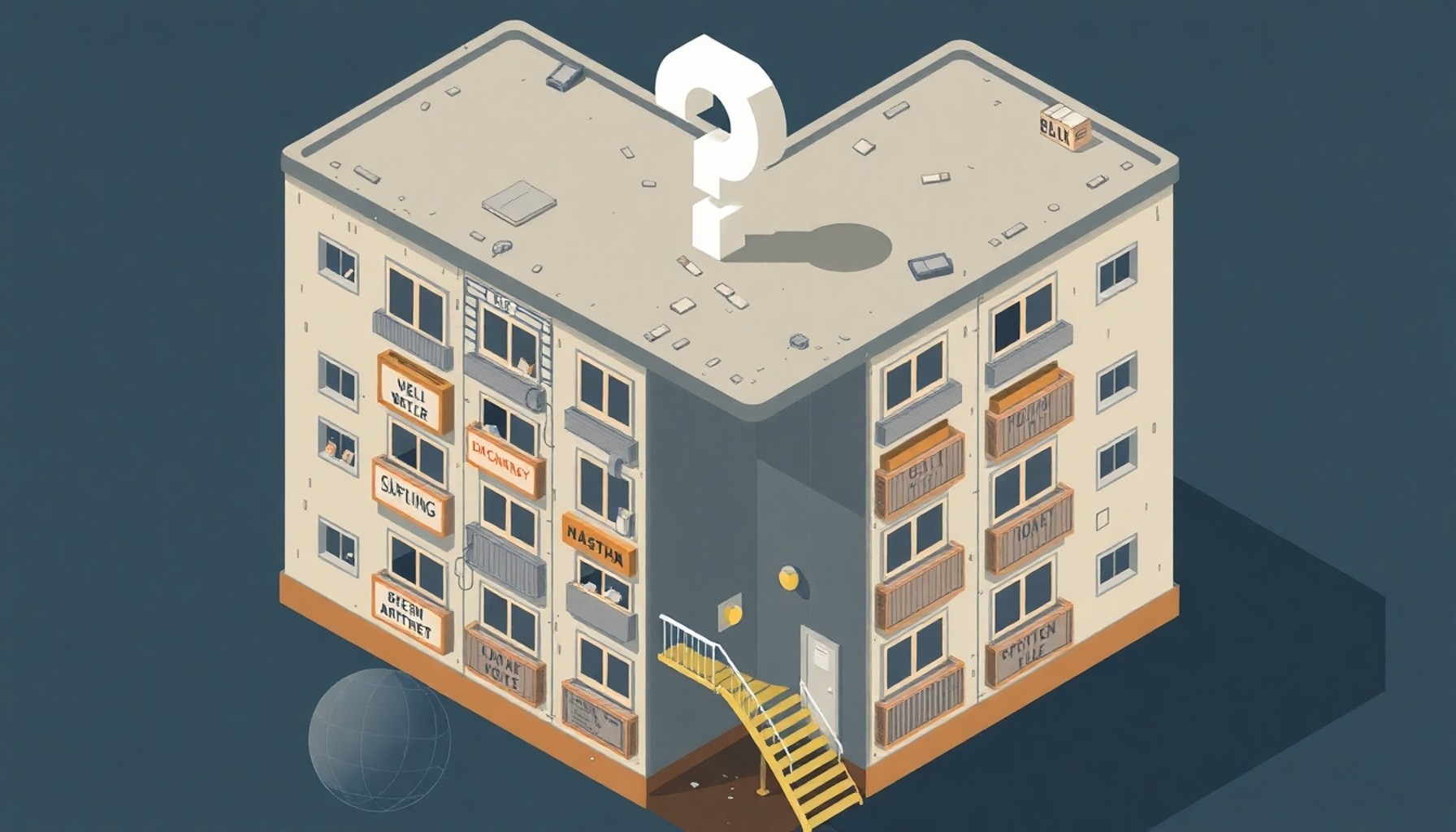 Yönetim planı olmayan eski apartmanda belirsiz kurallar temsili illüstrasyon