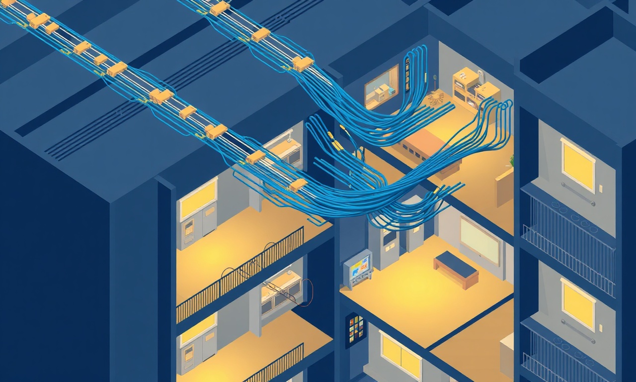 Apartman binasında fiber optik internet altyapısı kurulumunu gösteren izometrik illüstrasyon