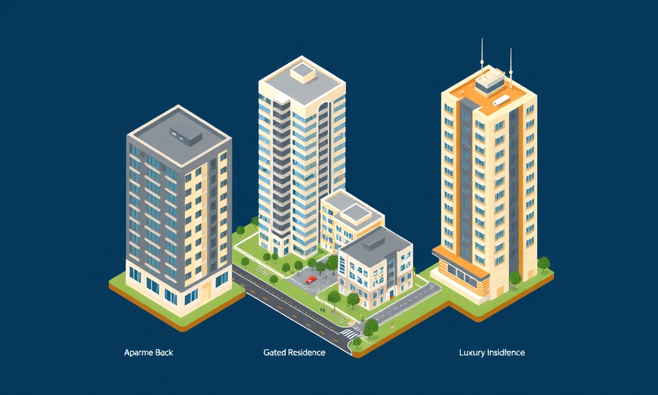 Apartman, site ve rezidans gibi farklı yapı tiplerinde ortak anten ve internet altyapısı yönetimini karşılaştıran illüstrasyon