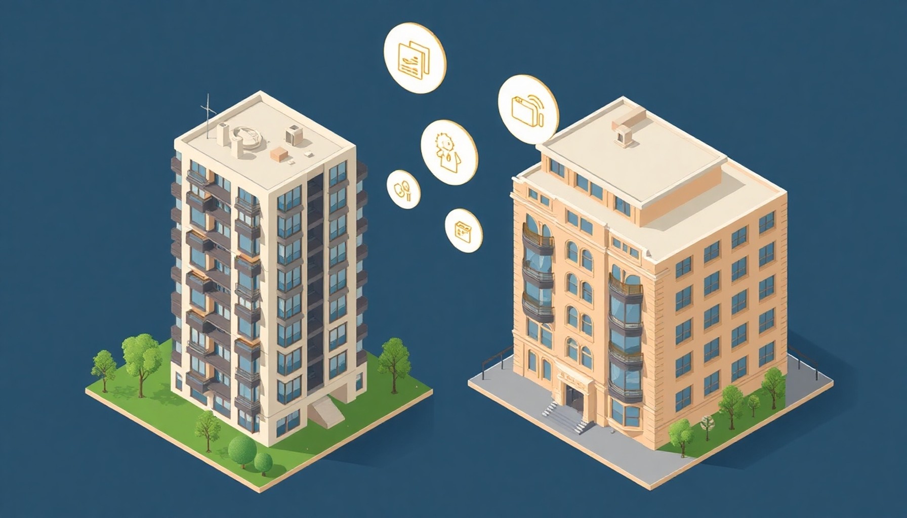 Yeni ve eski apartman binalarında ortak alan kullanım karşılaştırması illüstrasyonu