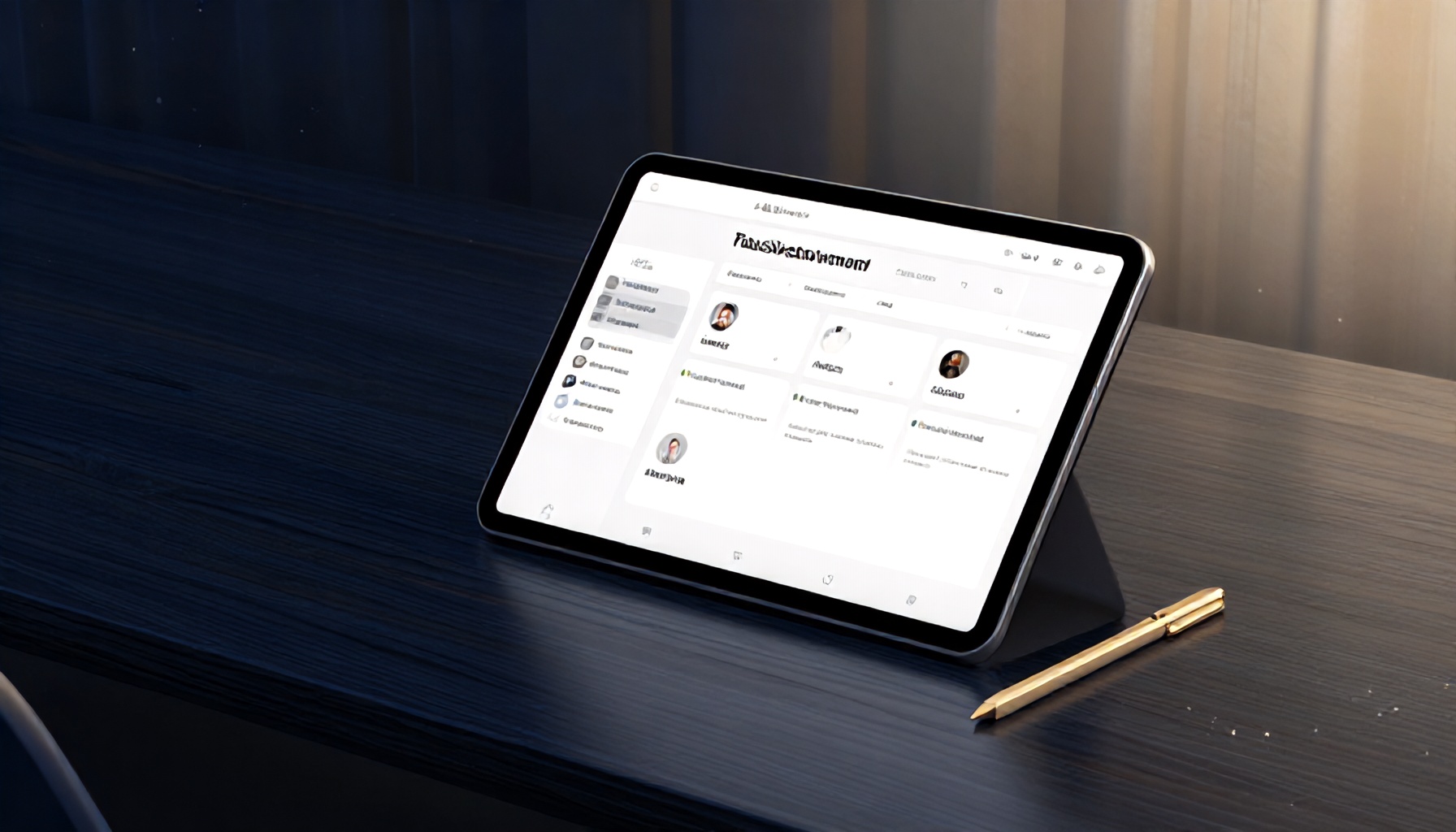 Tablet üzerinde dijital yönetim panosu ve altın kalem — dijital site yönetim platformu görseli