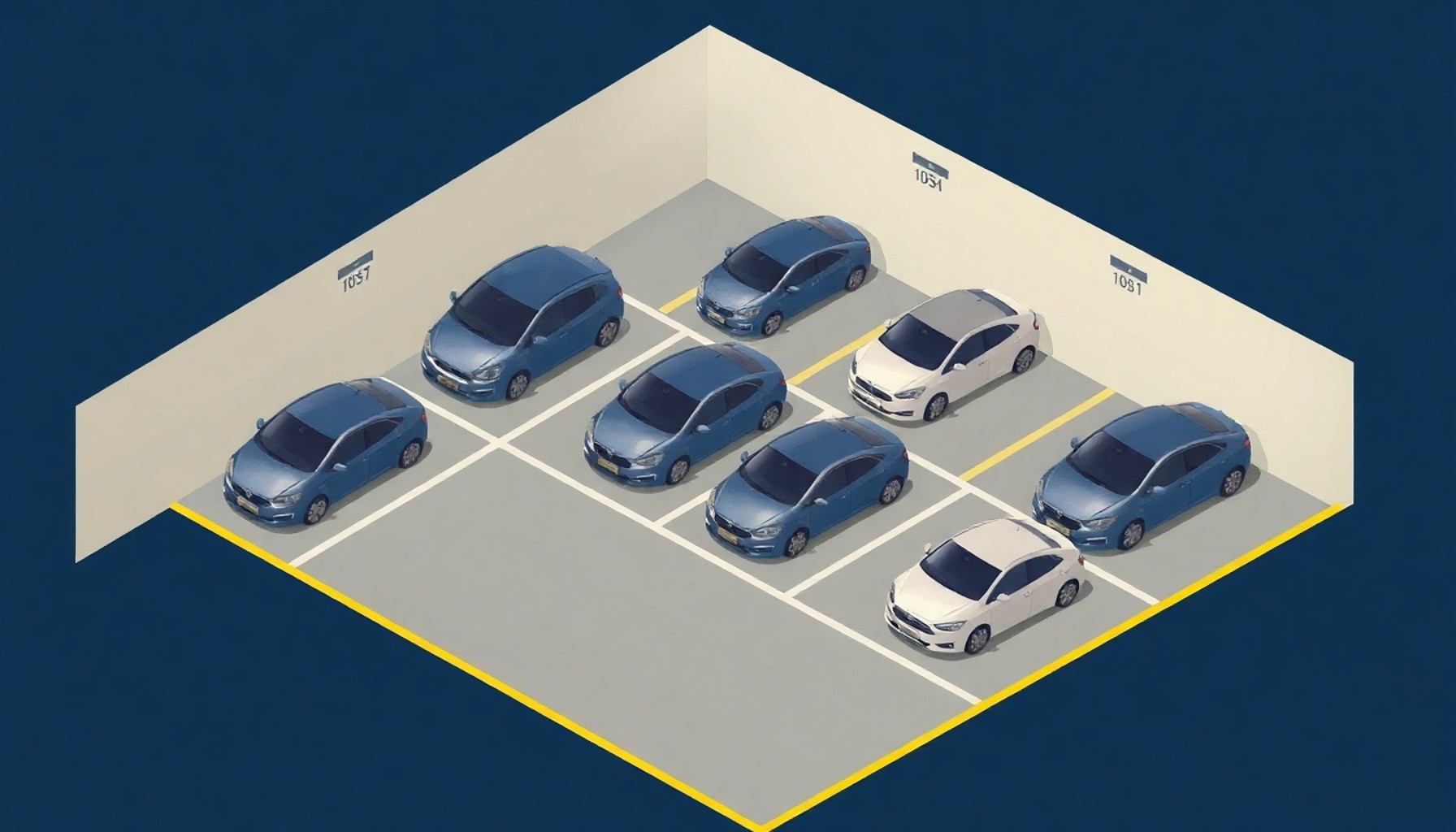 Ortak otopark katında numaralı araç yerleri üst görünüm kesiti