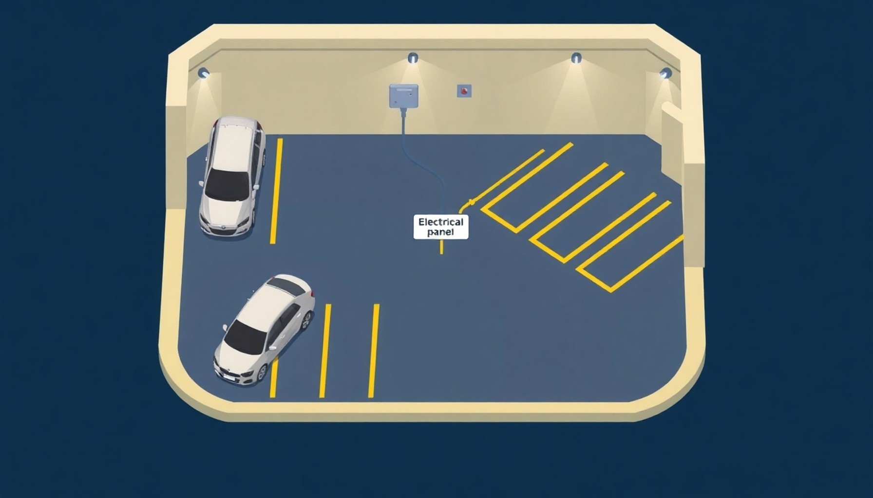 Apartman otoparkı kat planı ve elektrik panosu konumu