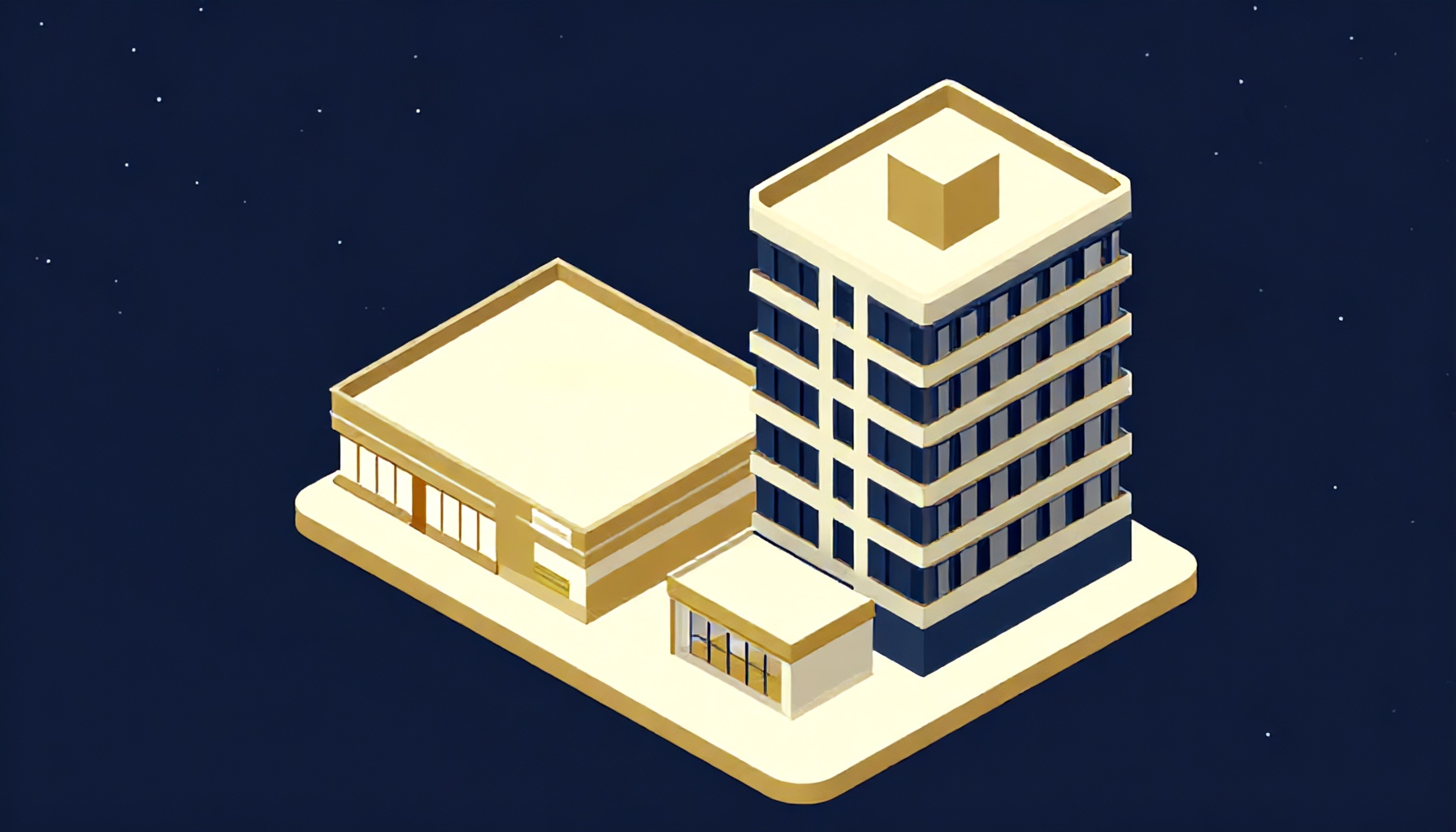 AVM mağazası ve plaza ofisinin aynı binada yan yana yer aldığı illüstrasyon
