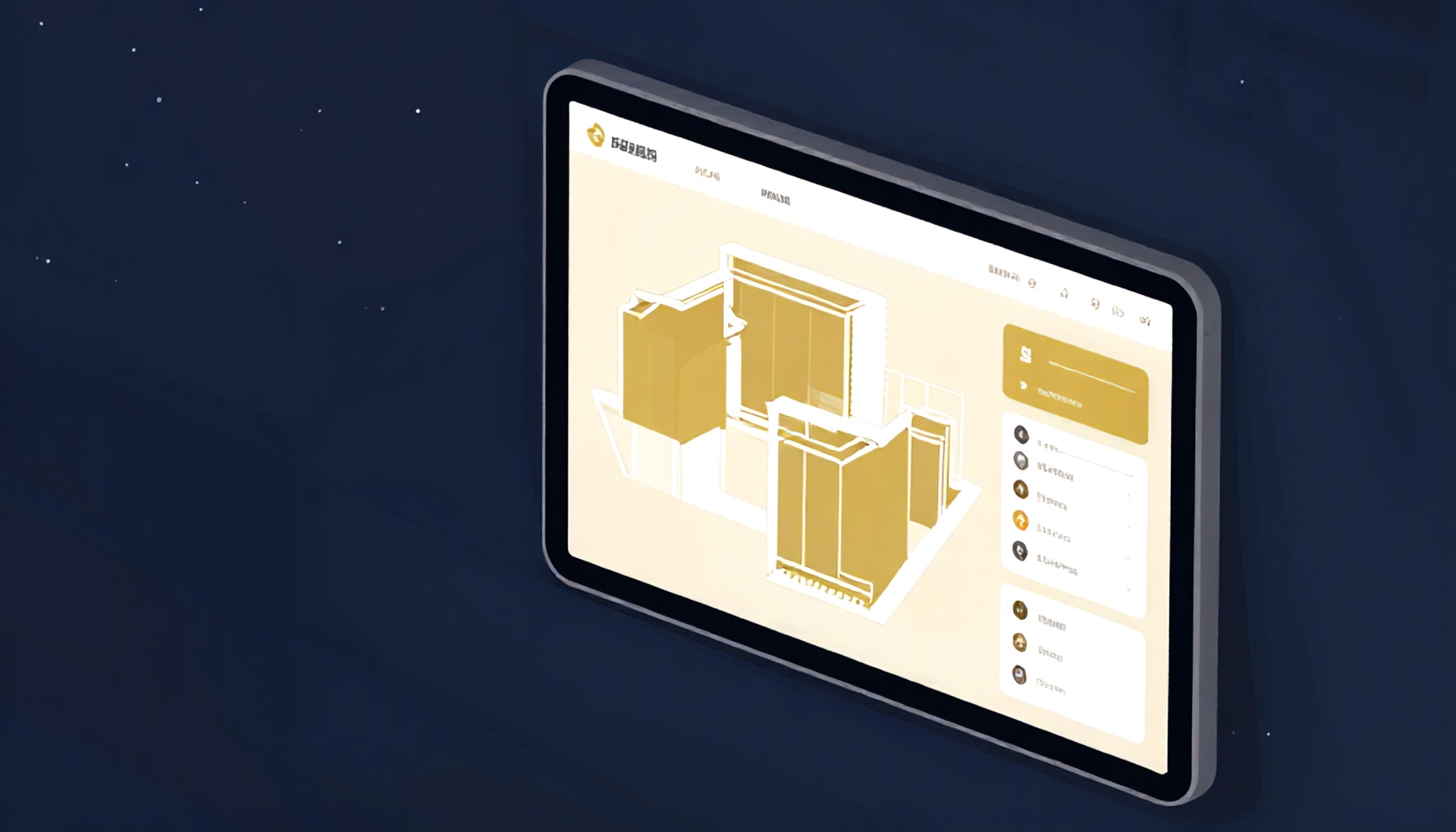 Tablet ekranında bina yönetim paneli ve bildirim alanları gösteren dijital kontrol merkezi