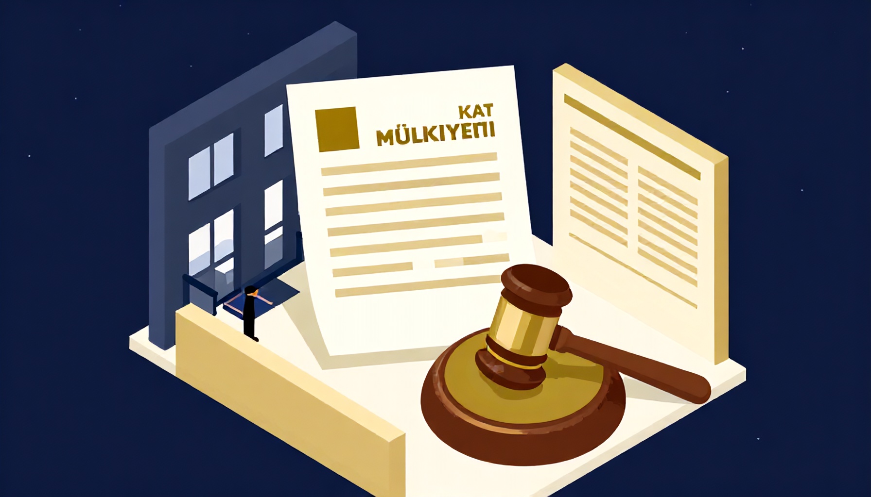 Kat Mülkiyeti Kanunu kapsamında yasal karar yetkisini simgeleyen belge ve tokmak illüstrasyonu