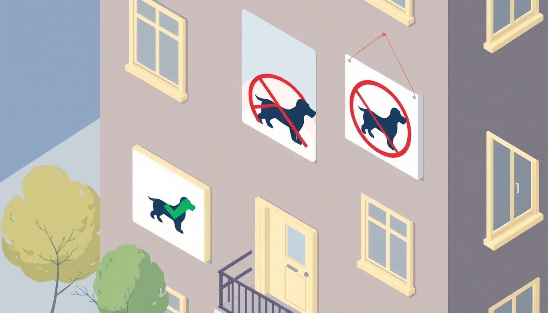 Apartman panosunda yasaklı köpek ve onaylı rehber köpek ikonları — yönetimin yapabilecekleri ve yapamayacakları