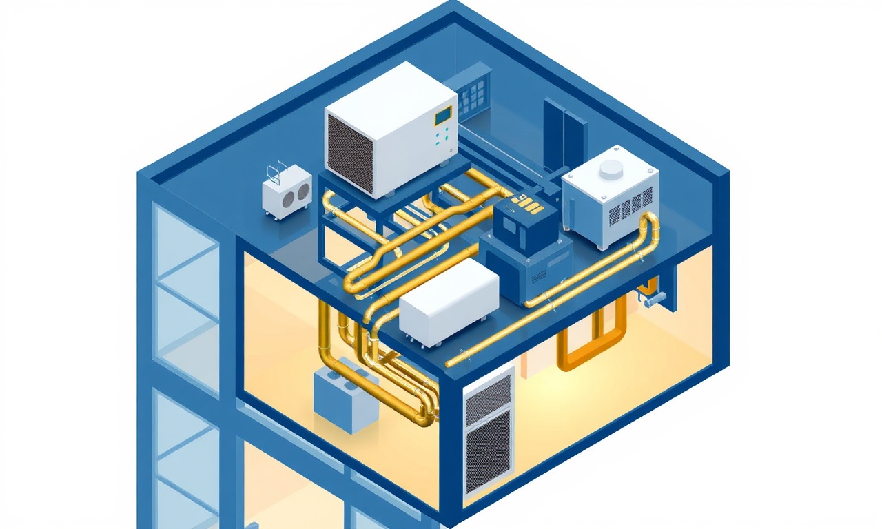 Rezidans HVAC sistemi bileşenleri ve havalandırma ağı izometrik teknik görseli
