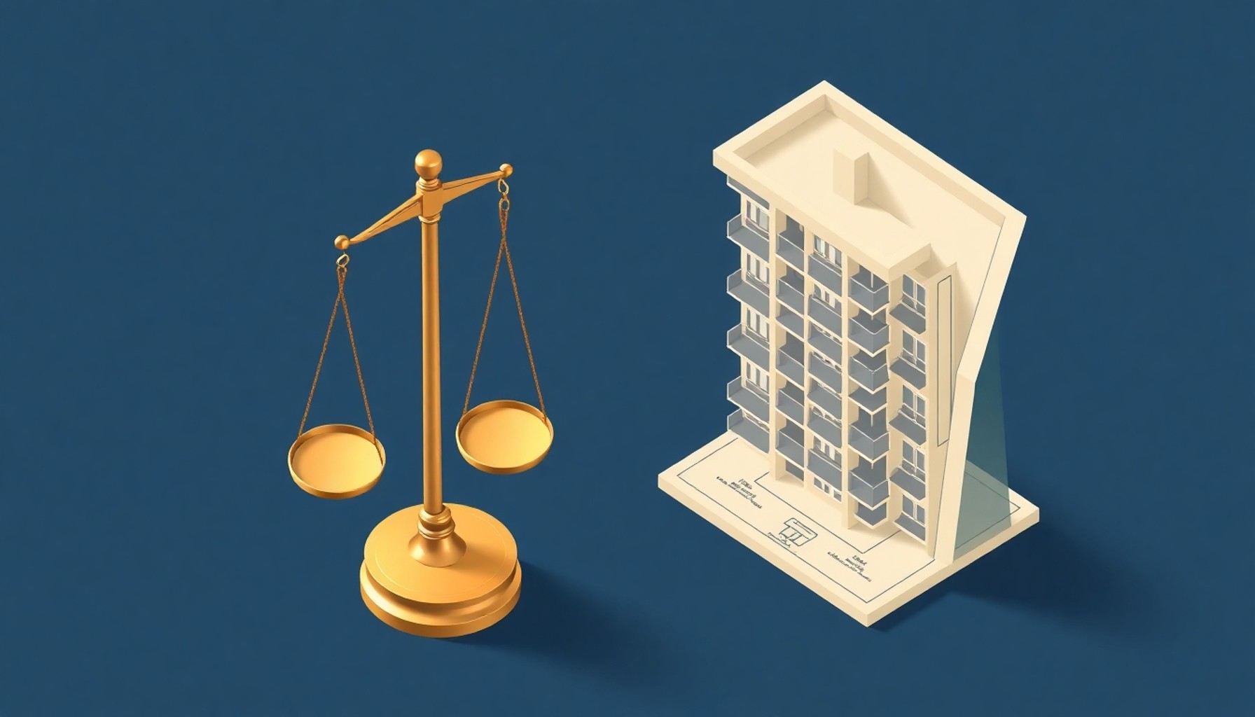 Apartman hukuku ve adalet dengesini gösteren izometrik illüstrasyon