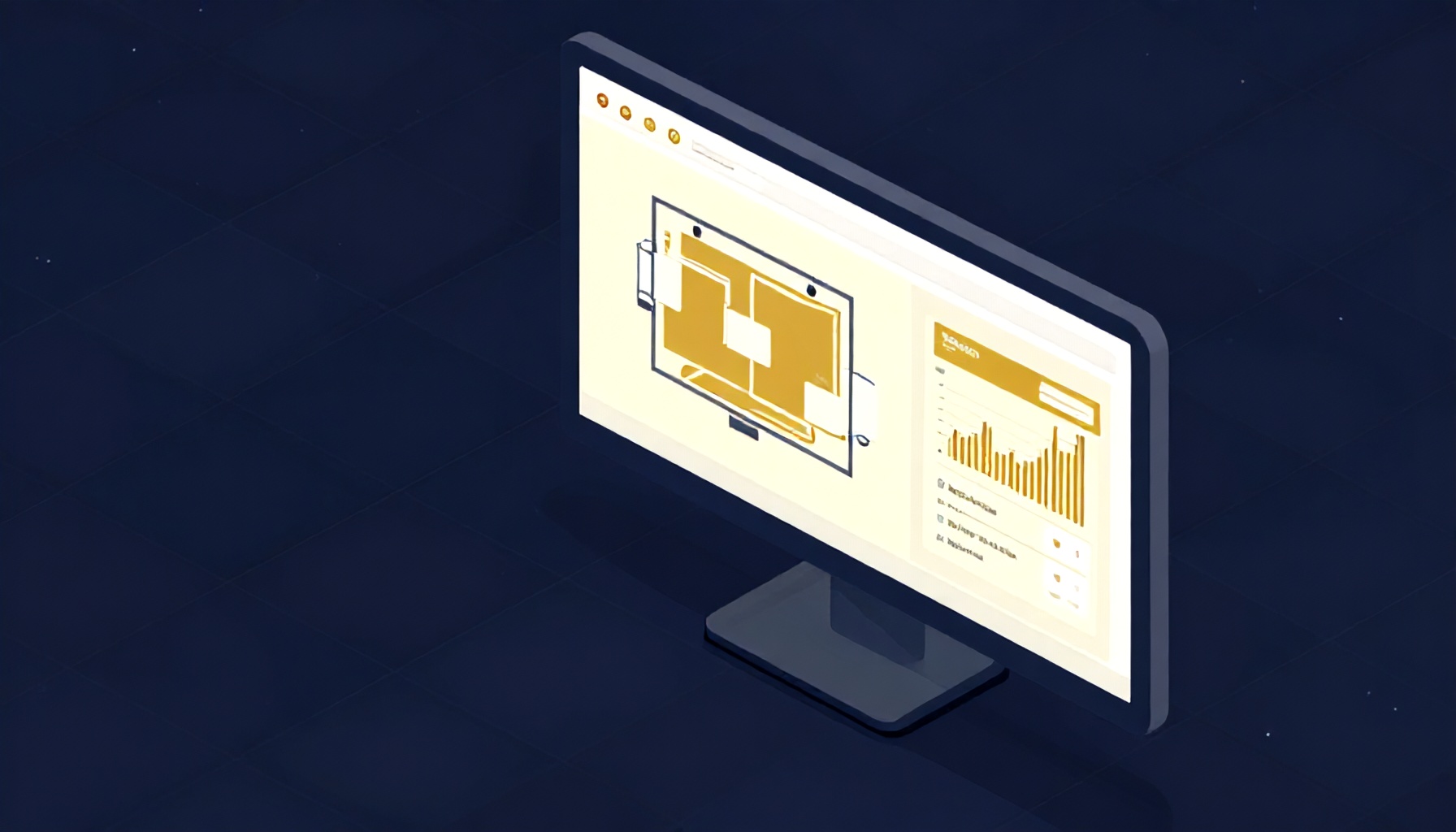 Büyük monitörde modern bina yönetim paneli, kat planı ikonları ve finansal grafik widget'ları