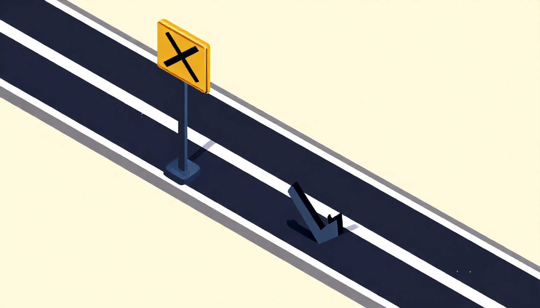 Yol üzerinde uyarı işaretleri ve yanlış-doğru yol ayrımı simgeleri