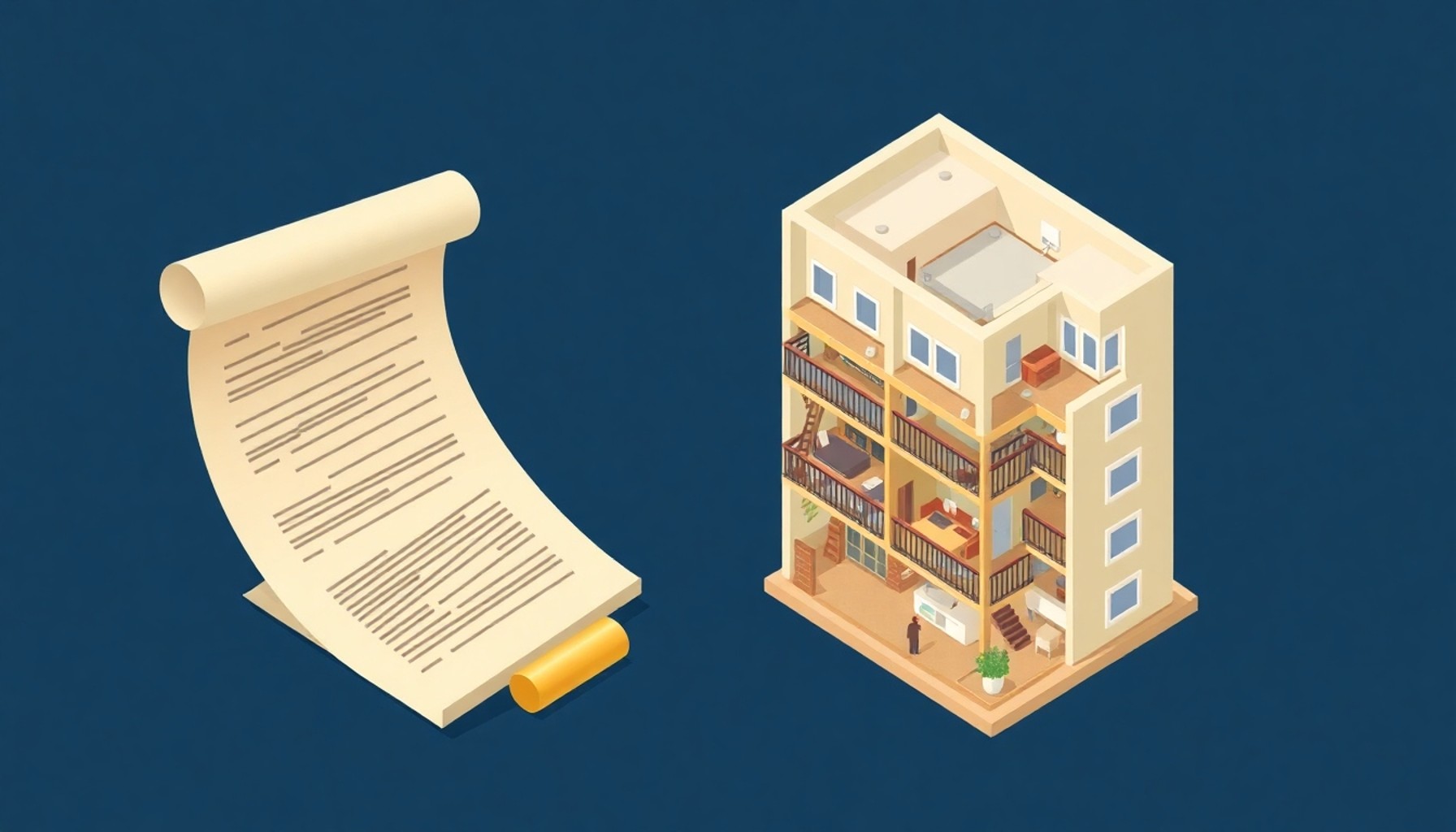 Kat mülkiyeti kanunu ve apartman yapısını gösteren hukuki illüstrasyon