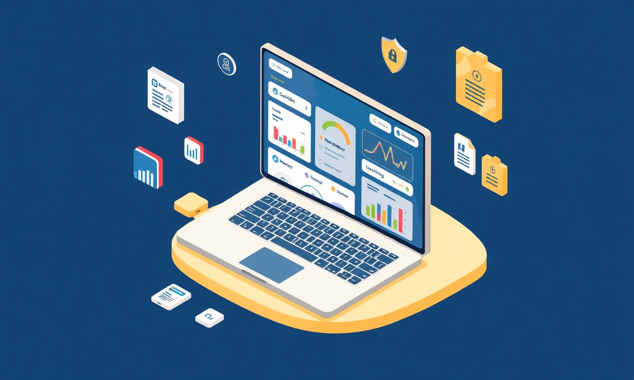 Dijital site yönetim yazılımı ile sorumluluk riskini azaltmayı gösteren laptop ve gösterge paneli illüstrasyonu