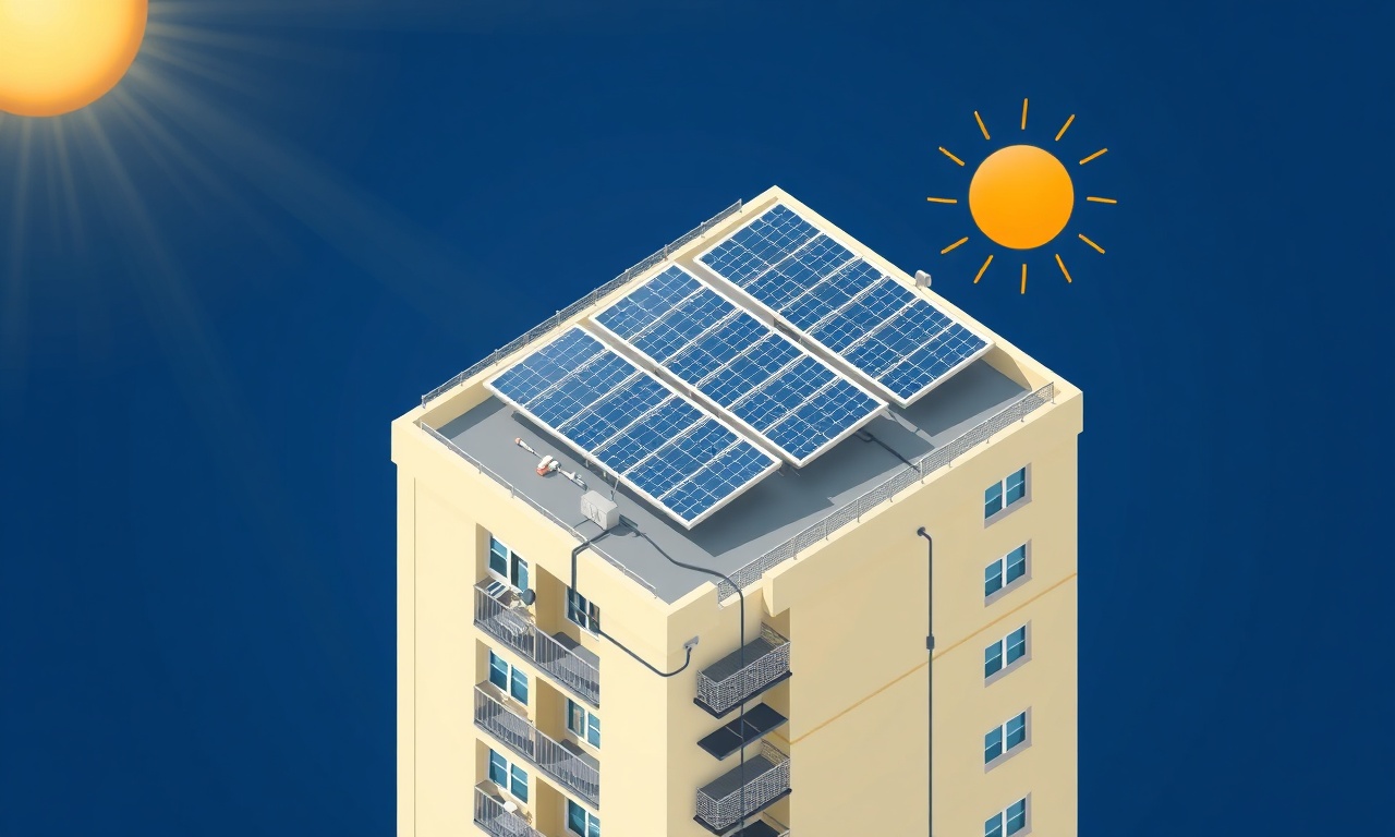 Apartman çatısına kurulan güneş panelleri ve yenilenebilir enerji üretimi illüstrasyonu