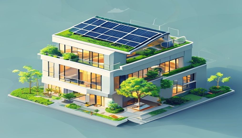Güneş panelleri, yeşil çatı ve akıllı bina teknolojileriyle enerji verimli bir soğutma sistemi gösterimi