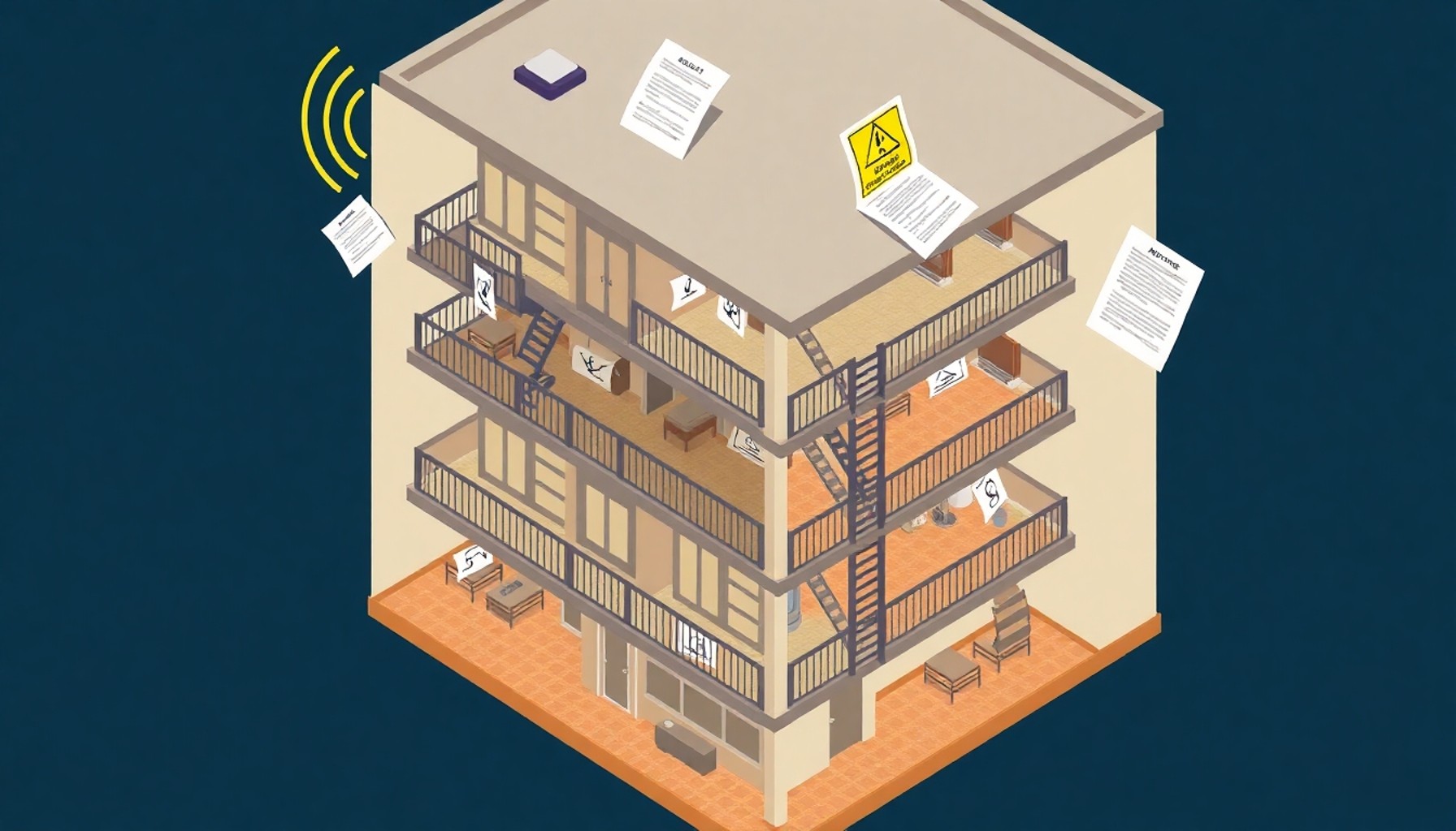 Apartman katları arasında ses dalgaları, kırık ortak alan ve uyarı bildirimleri