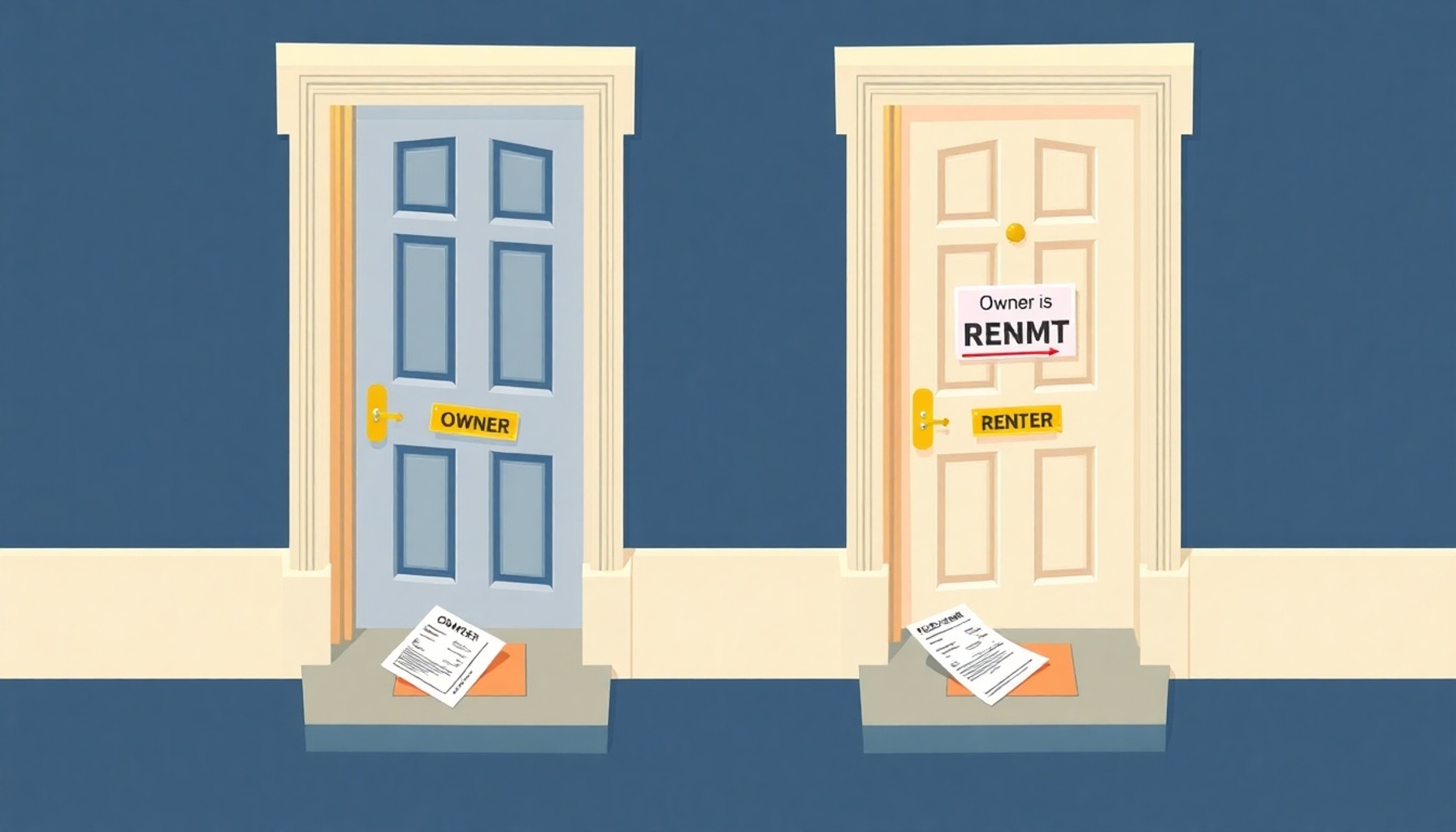 Apartmanda malik ve kiracı farkı — yan yana kapılar ve belgeler
