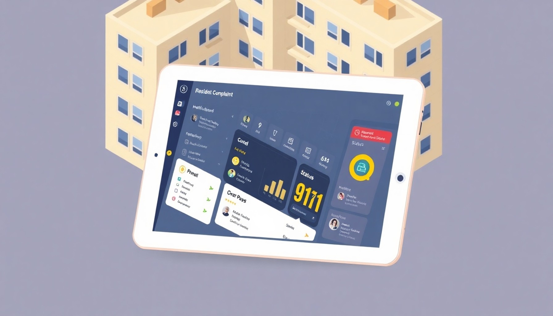 Dijital apartman yönetim platformunda sakin şikayeti takip ekranı illüstrasyonu