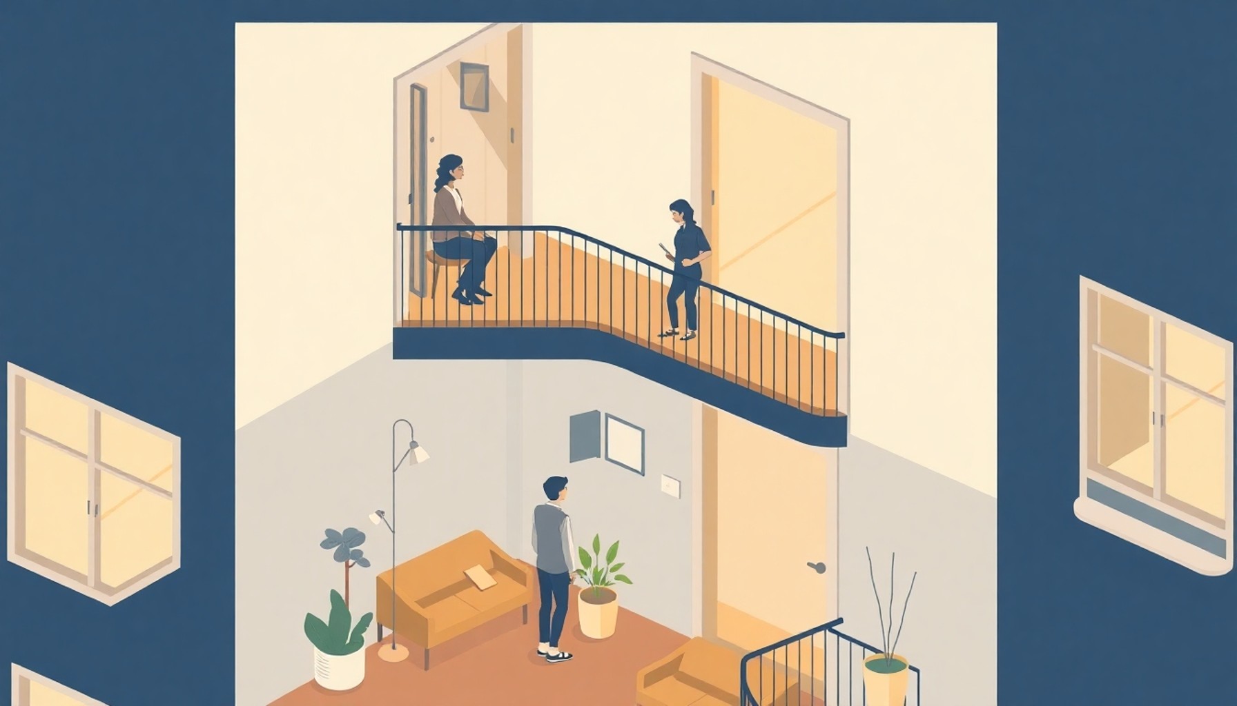 Apartman kapısında sakin bir şekilde konuşan iki komşu illüstrasyonu